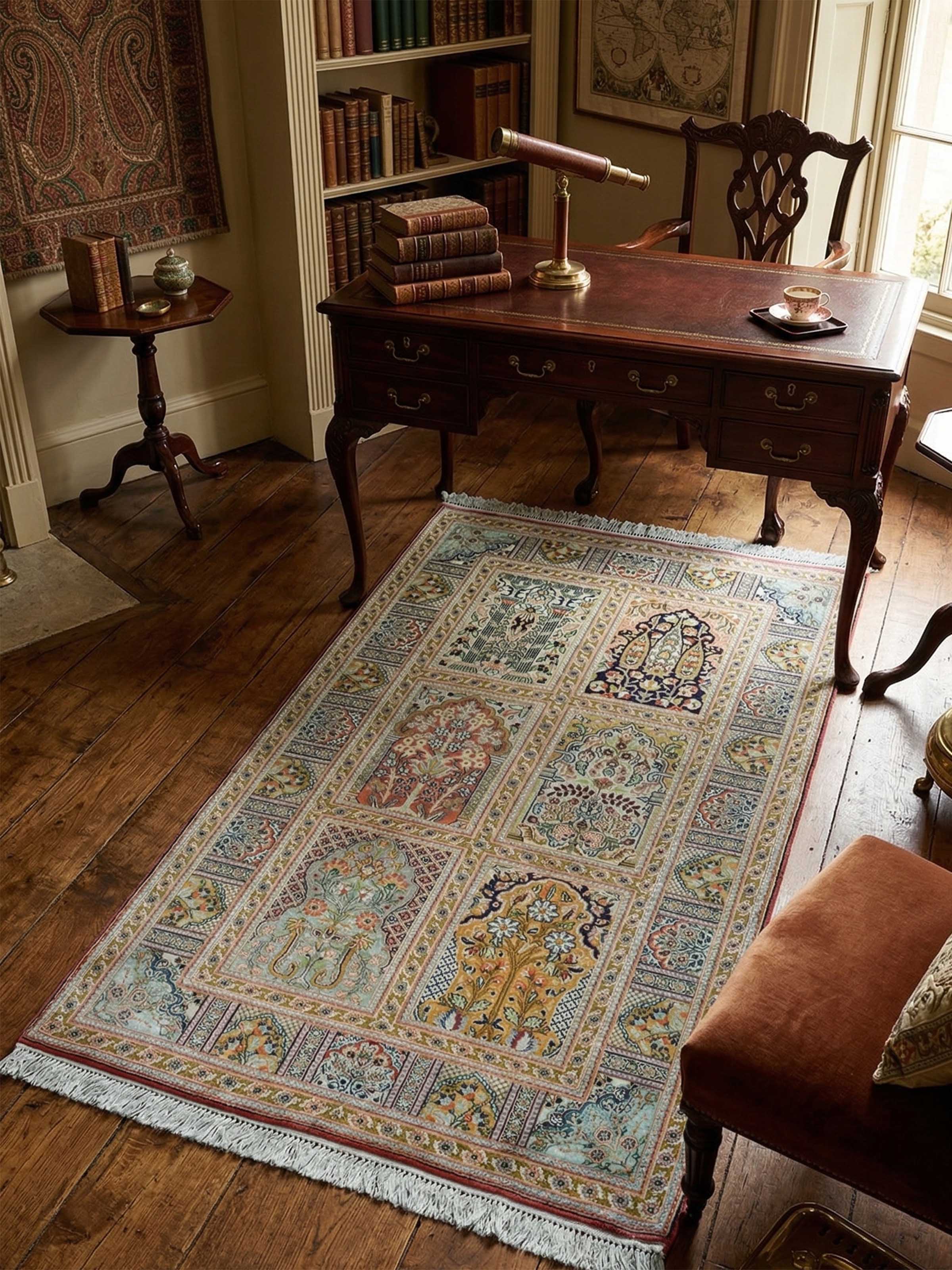 Traditional Persian Rust Ivory Hamadan Kashmir Silk Hand-Knotted Carpet