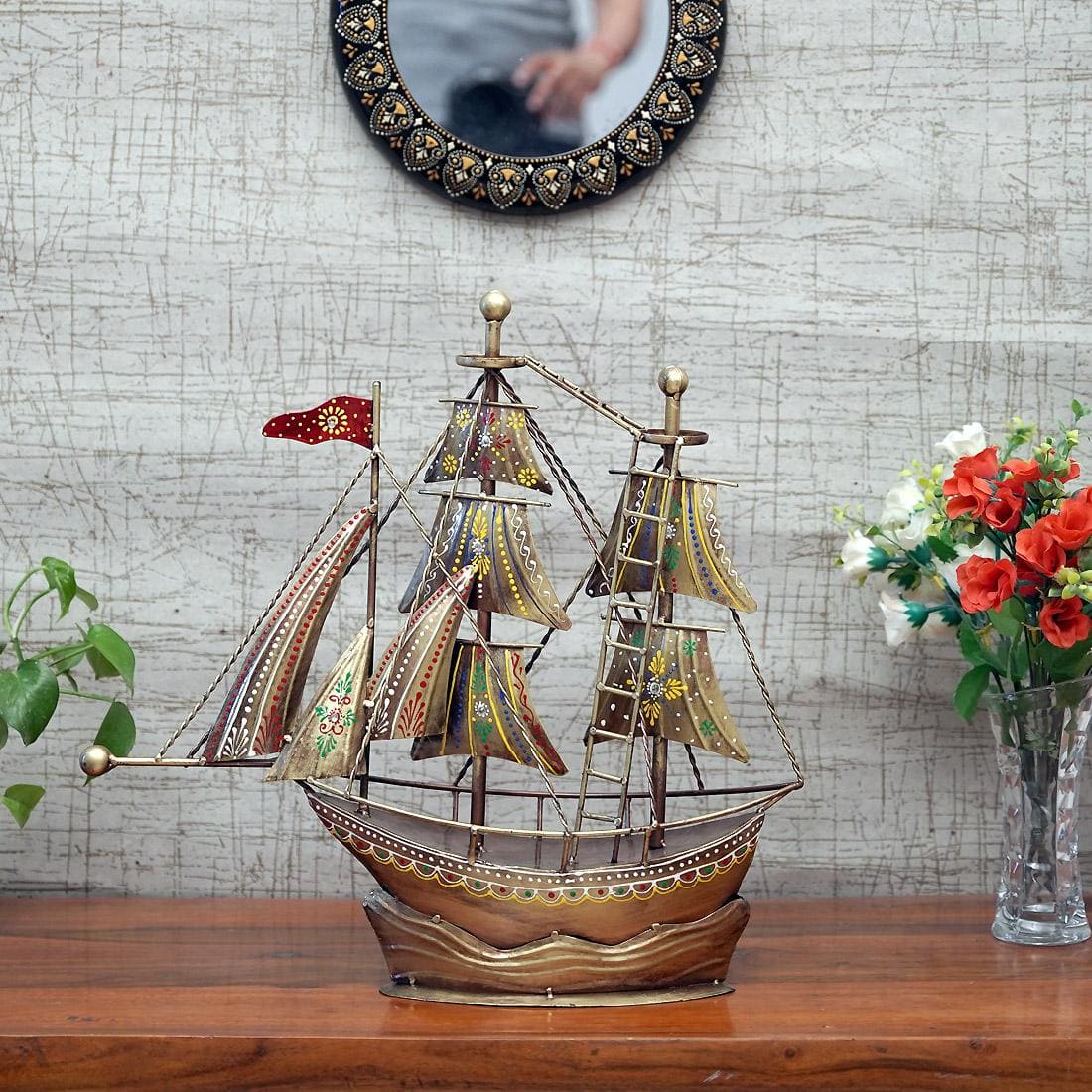Desert Art Metal Handpainted Golden Ship Showpiece - Desert Art