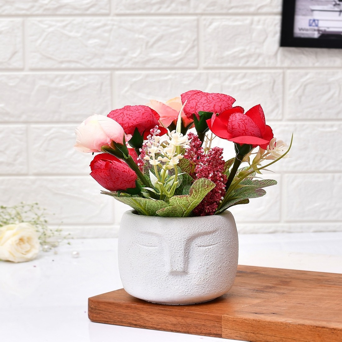 Red Artificial Flowers With Modern Planter - Tayhaa