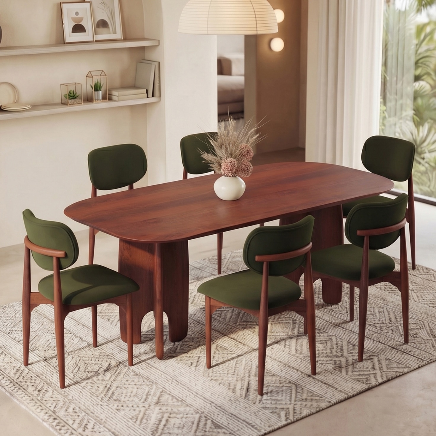 Brava Solid Wood 6 Seater Dining Table with 6 Oille Solid Wood Dining Chair in (Finish: Honey, Colour: Deep Olive) - Urban Ladder