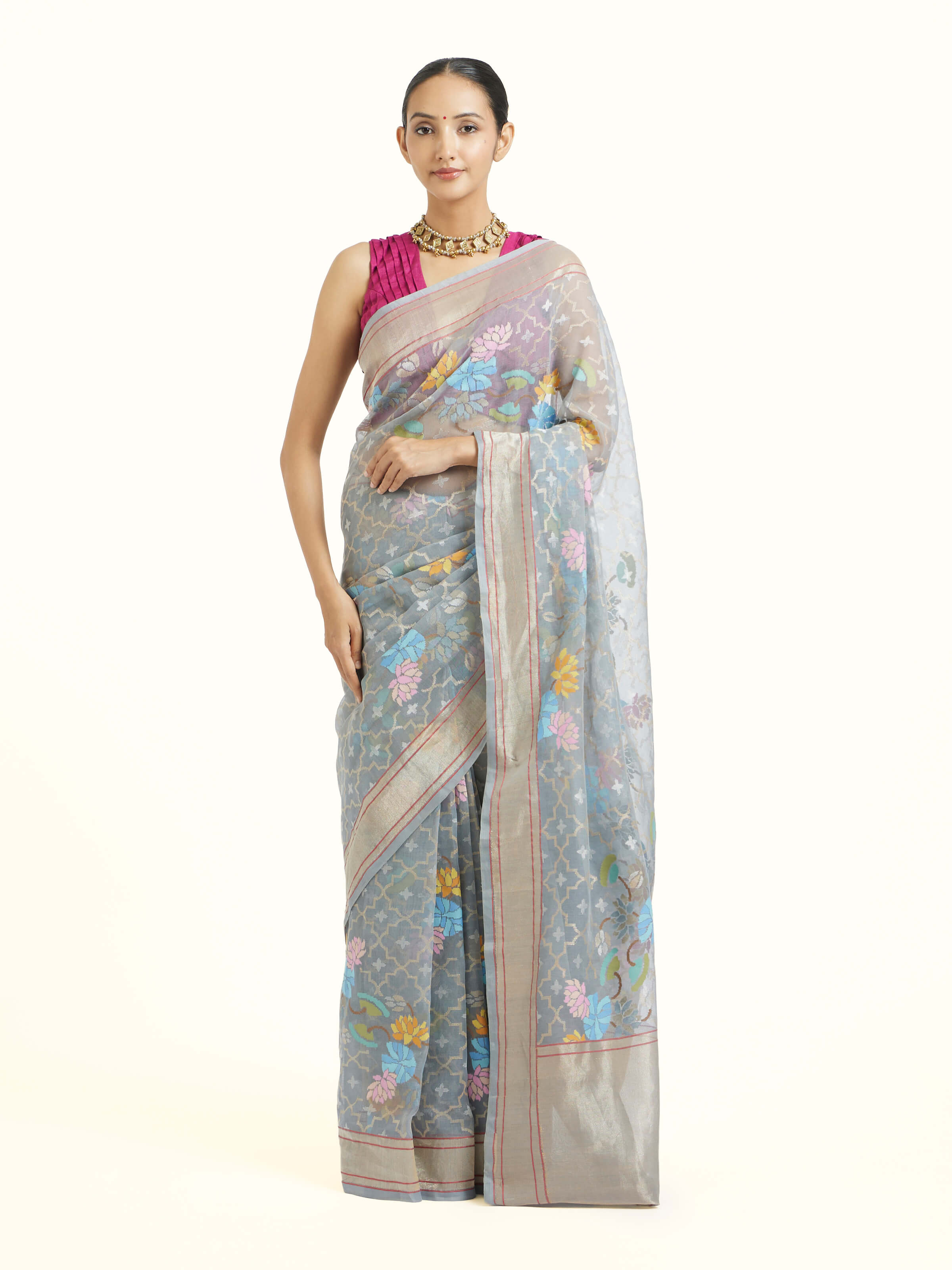 Grey Cotton Awadh Jamdani Banarasi Saree
