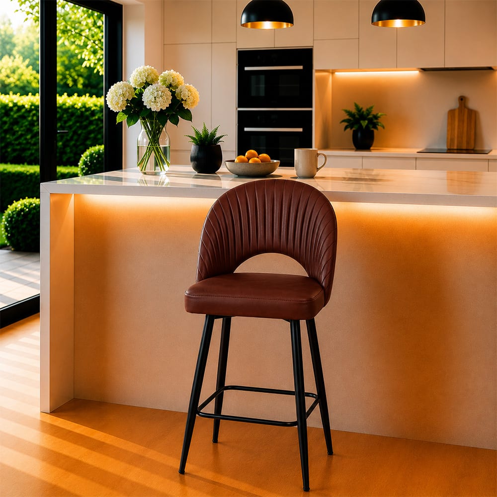 Doe Buck Faux Leather Counter Height Bar Stool in Brown Colour with Black Legs - Doe Buck