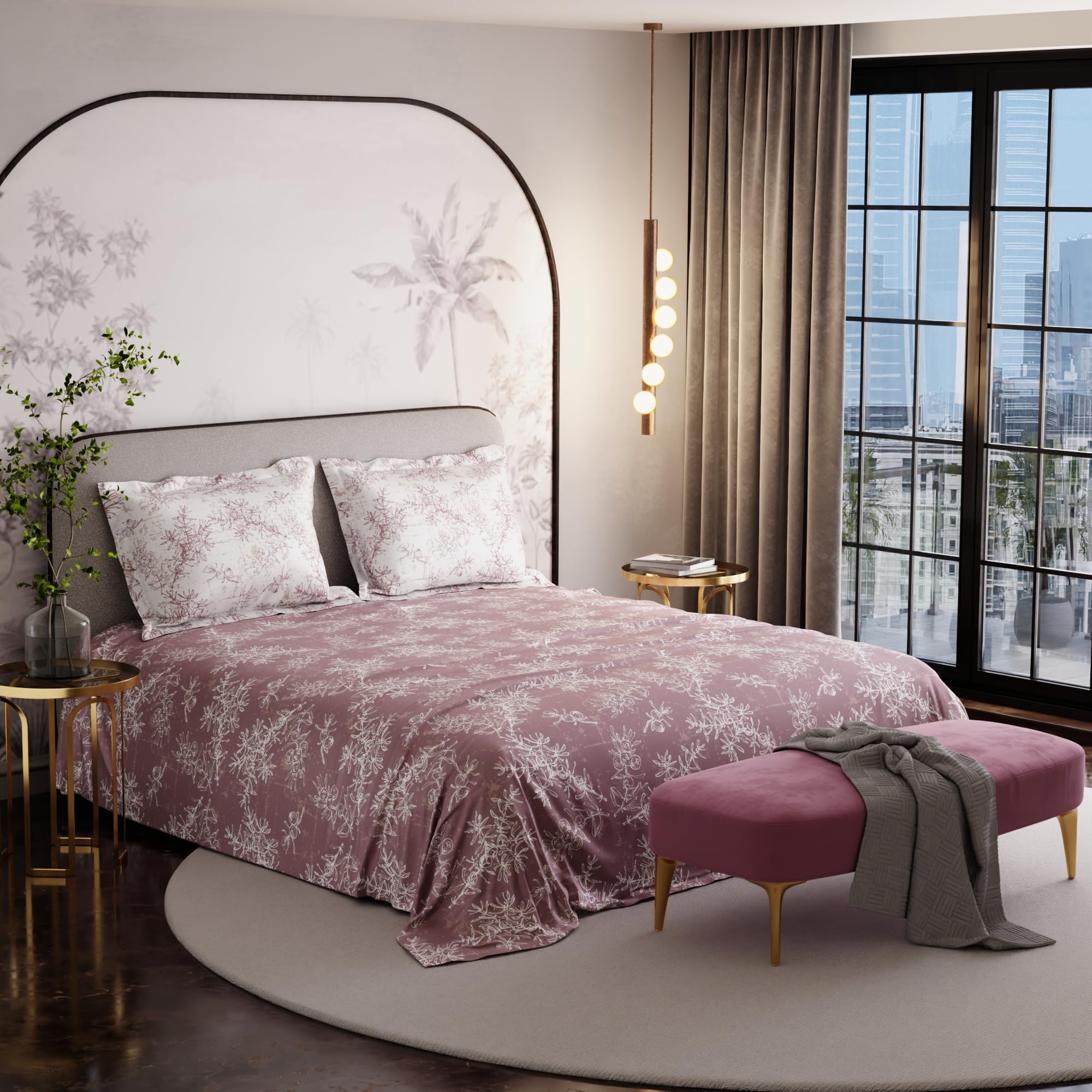 Stoa Paris Super King Size Cotton Bedsheet with 2 Pillow Covers  Size Ember Leaf Coral - Stoa Paris