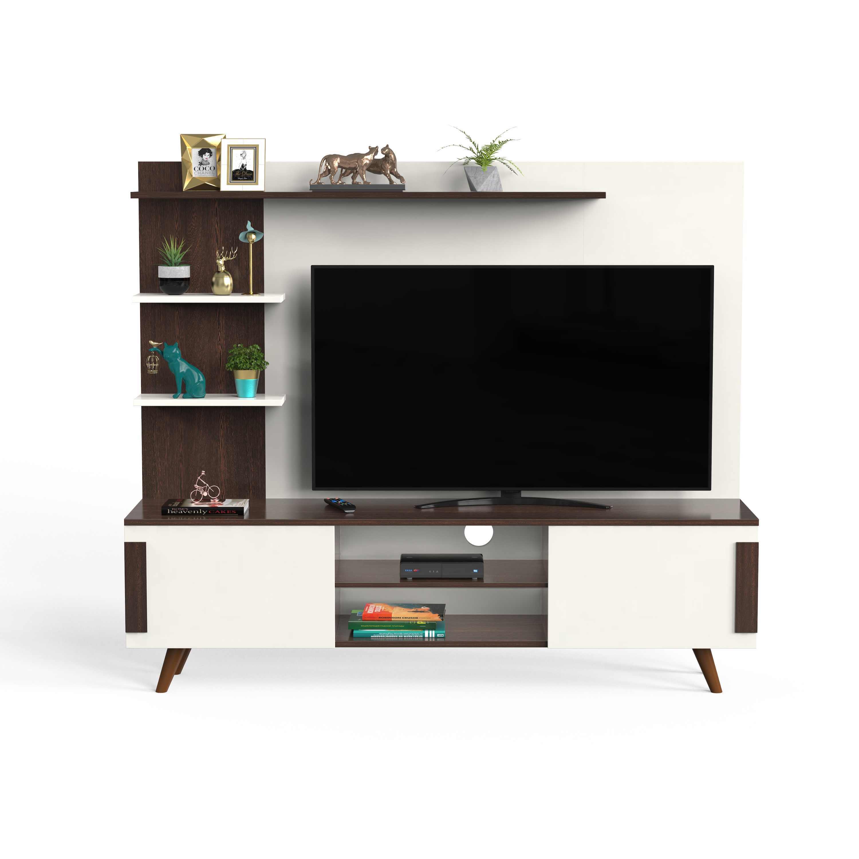 BLUEWUD Rowlet Mini Engineering Wood Floor Standing TV Entertainment Unit Set Top Box Stand/TV Cabinet Panel with Shelves for Books & D�cor Display Unit Bed Living Room Upto 42 Inches (Wenge & White)