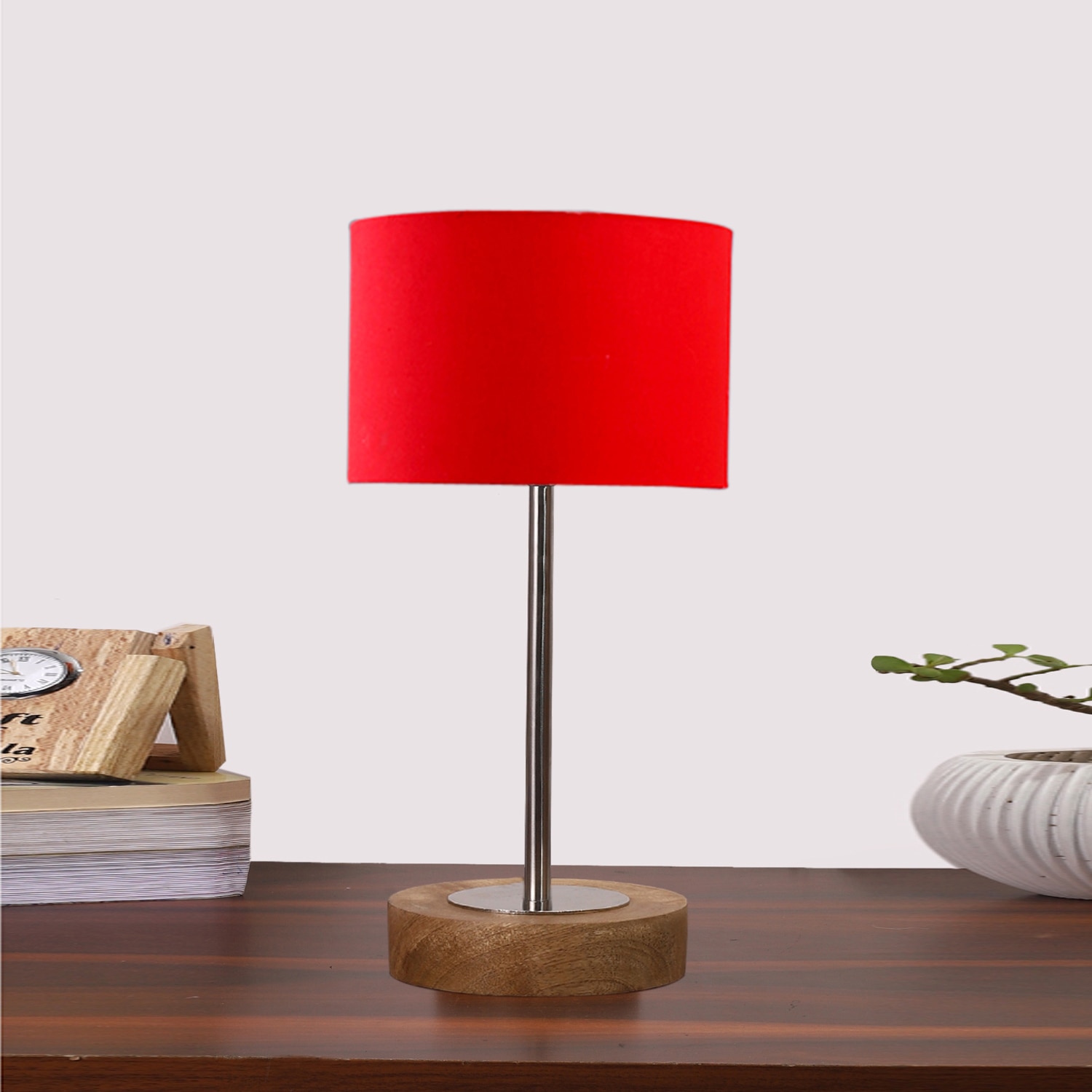 Devansh Red Cotton Table Lamp With  Natural  Wood Base  & Steel Pipe (7X17 Inches)-4 - Devansh