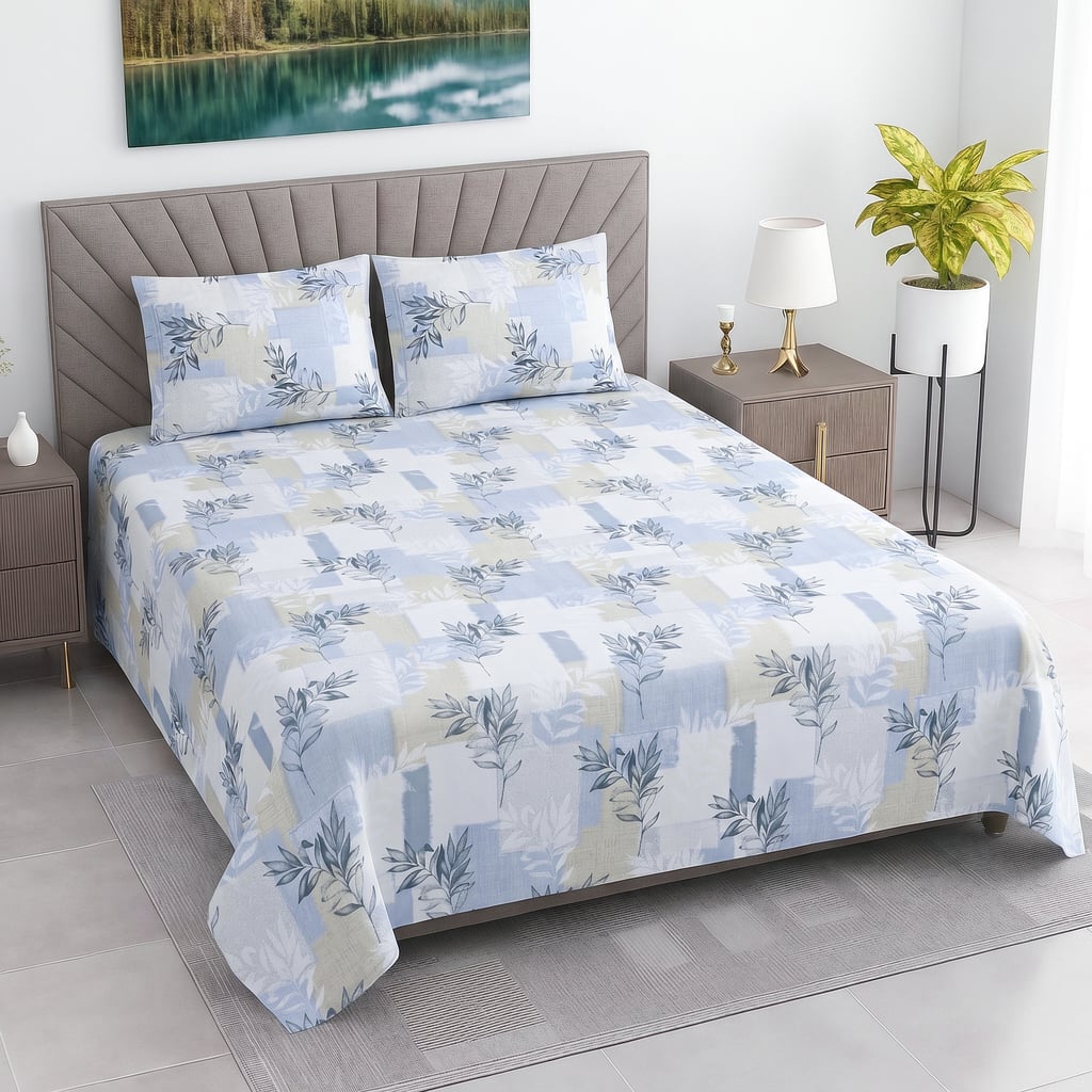 White And Blue Floralcotton 400 Tc  Flat  Super King Size Bedsheet With 2 Pillow Covers - Threads
