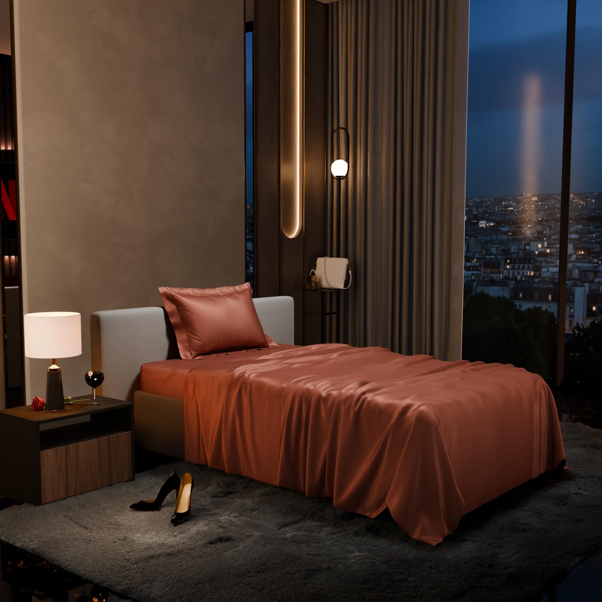 Stoa Paris 300 TC Satin Bedsheet Single Bed with Pillow Covers in Melted Caramel - Stoa Paris