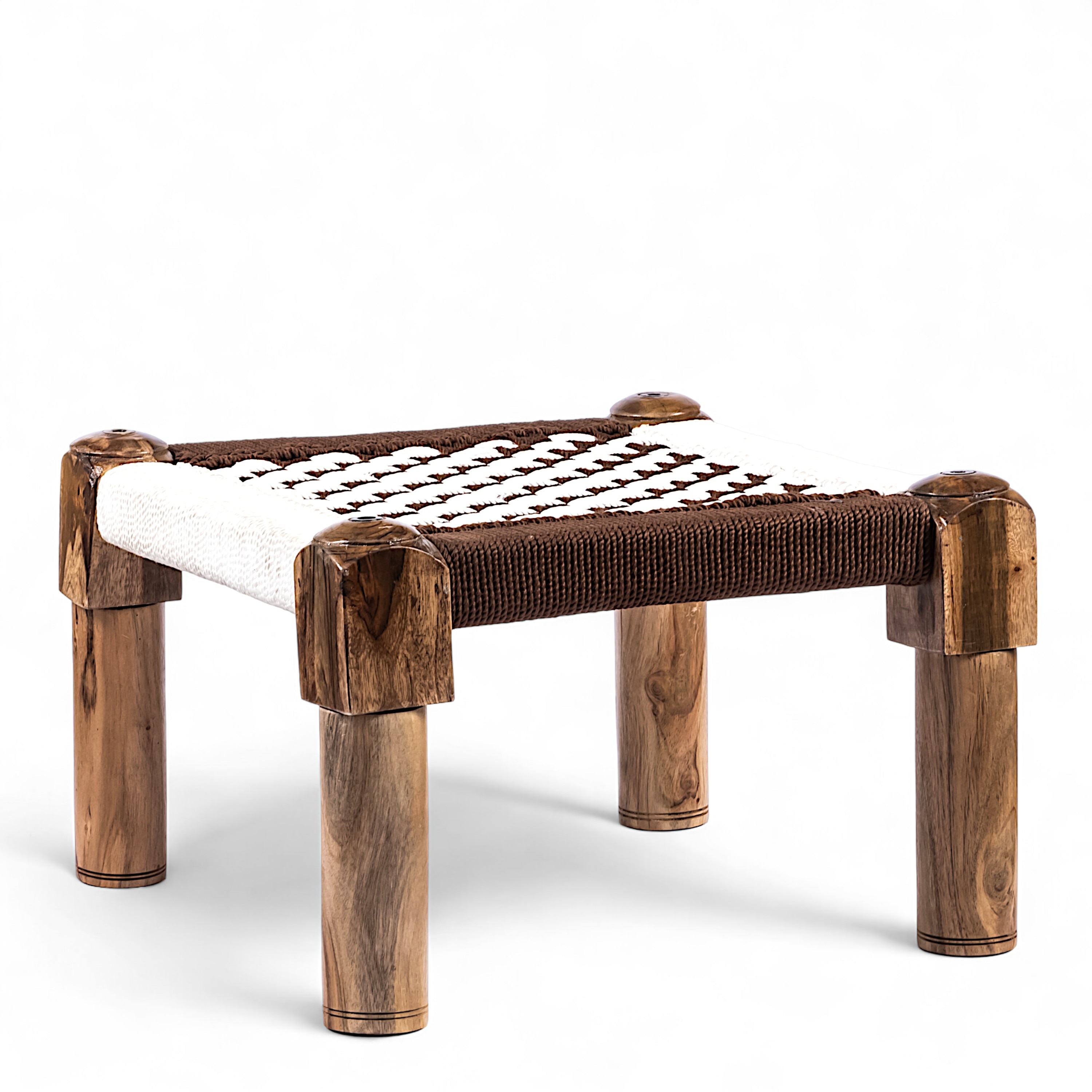 Riaza Solid Wood Maachi Foot Stool in Brown & White Check Canning