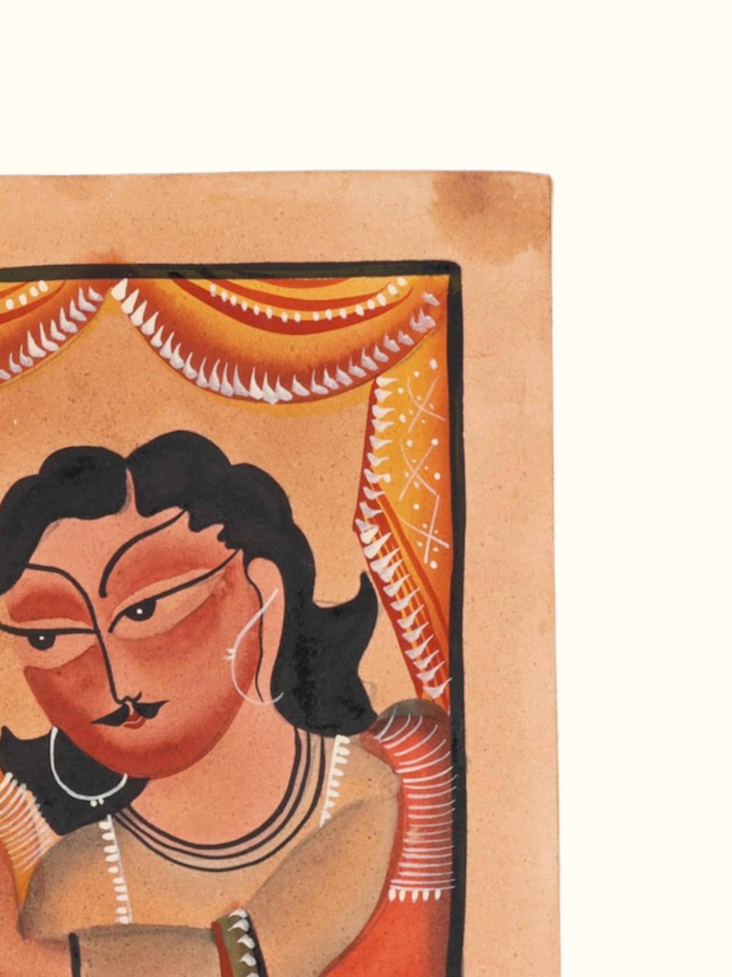 Close-up detail view of Kalighat humans folk art painting texture