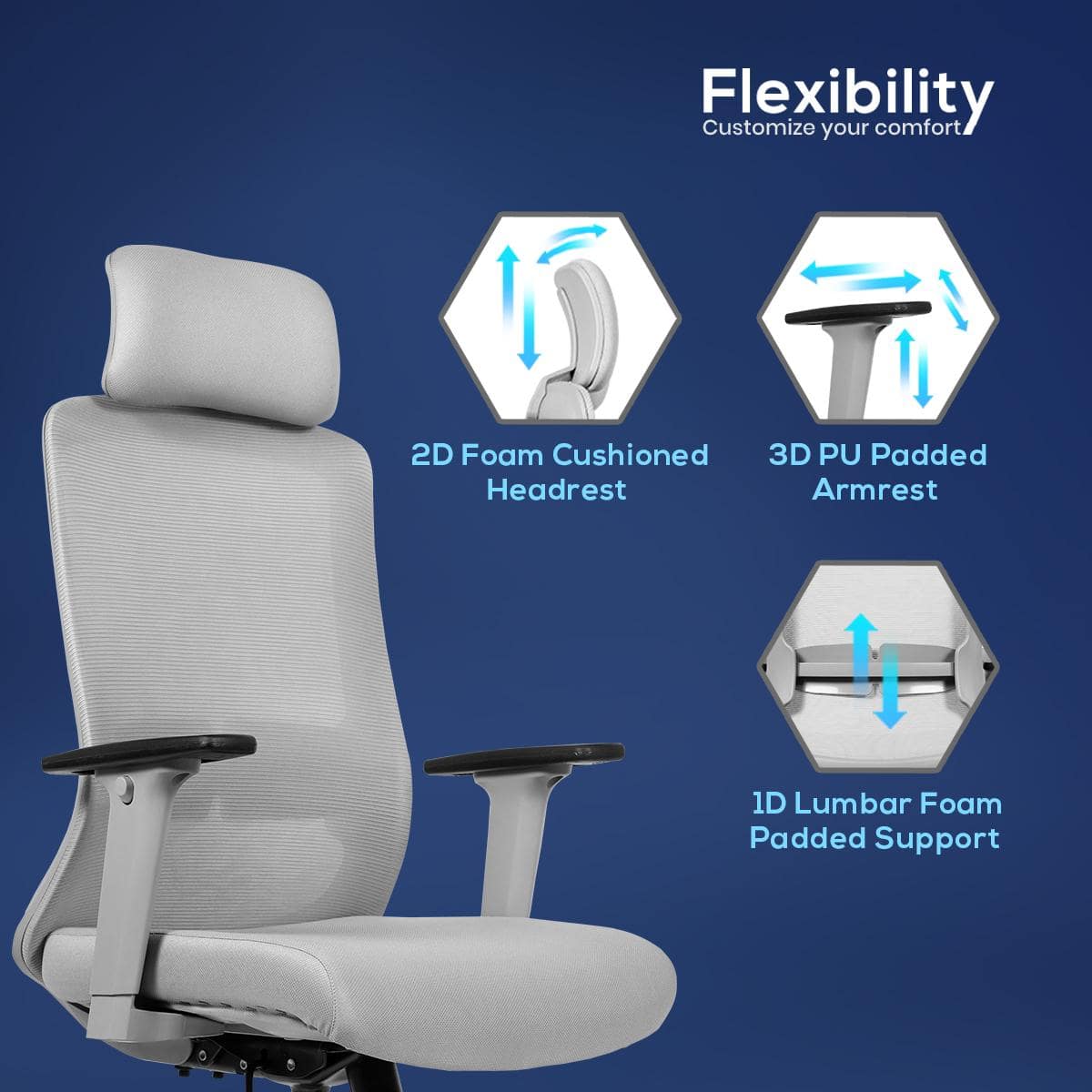 Eterna High Back Mesh Office Chair with Headrest in Grey Colour