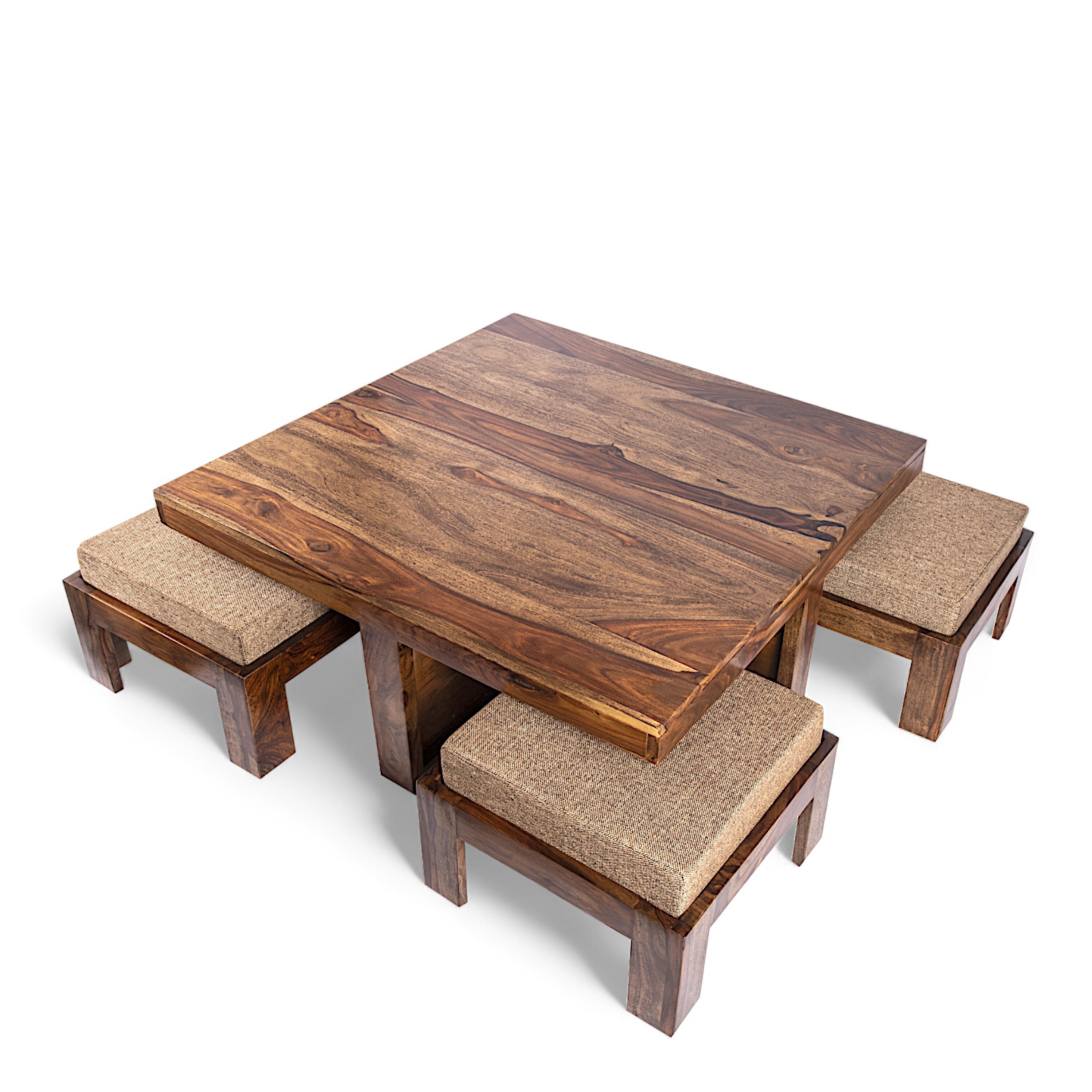 Blane Sheesham Wood 4 Seater Coffee Table Set In Teak Finish