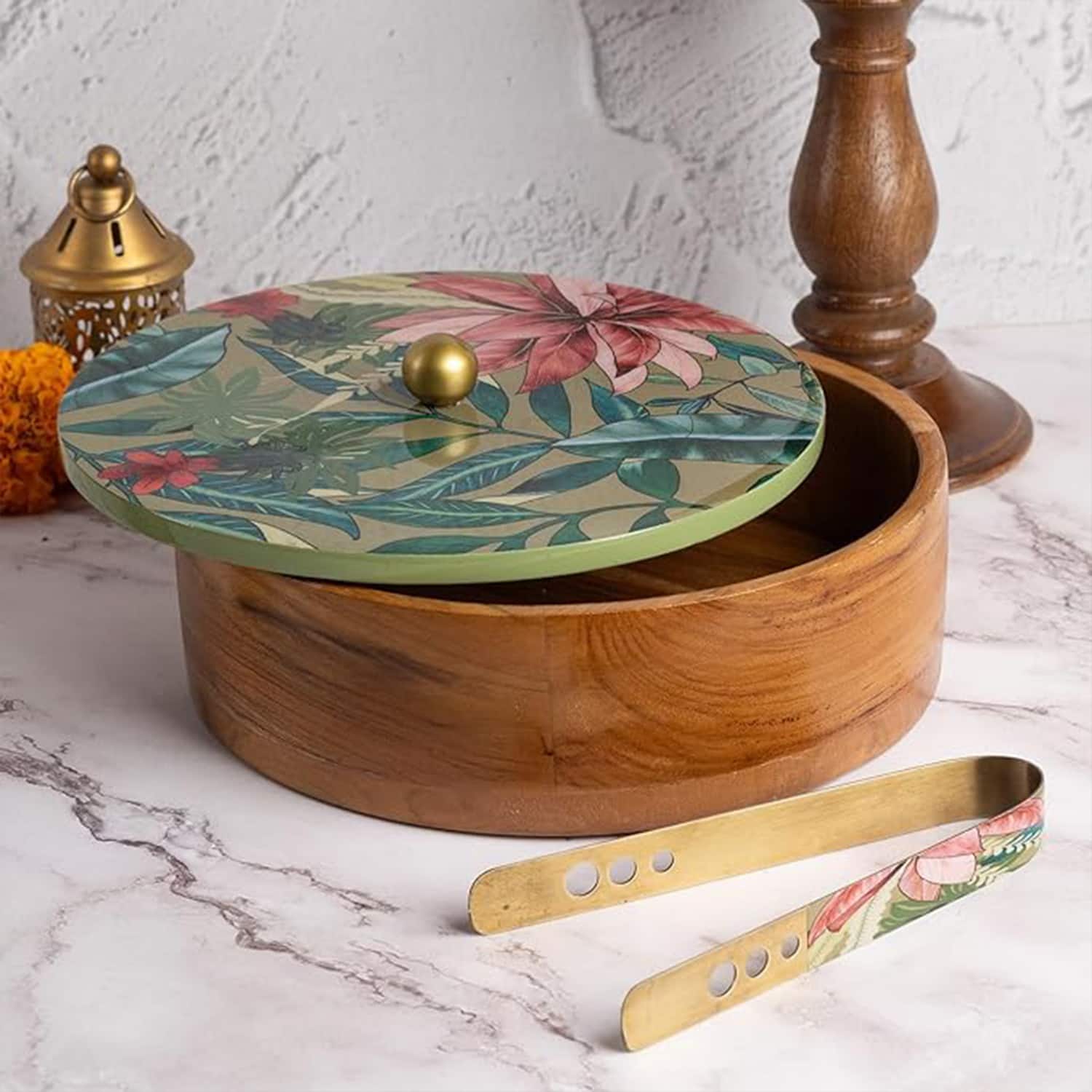 Allure Mango Wood Roti Box With Tong Green