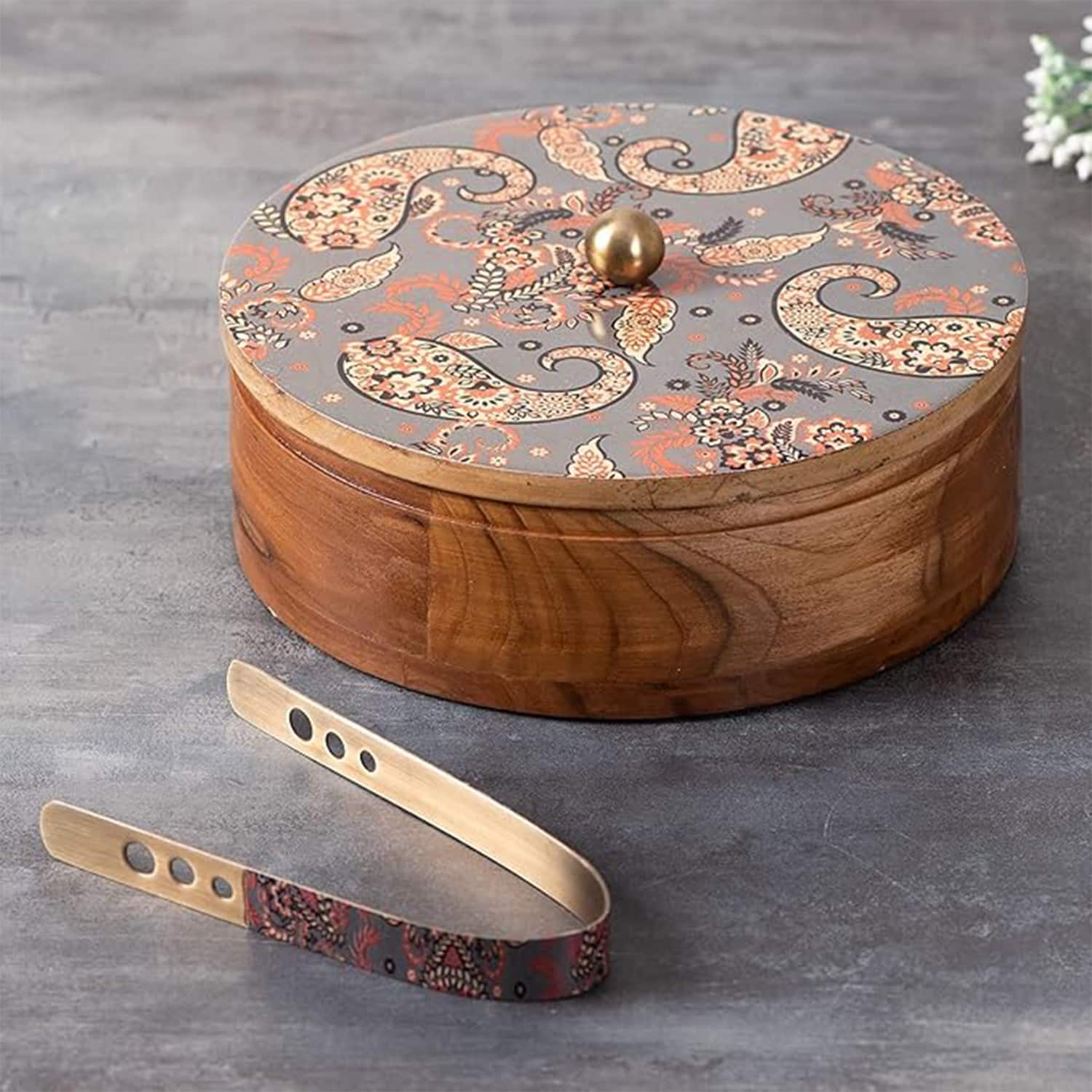 Allure Mango Wood Roti Box With Tong Grey