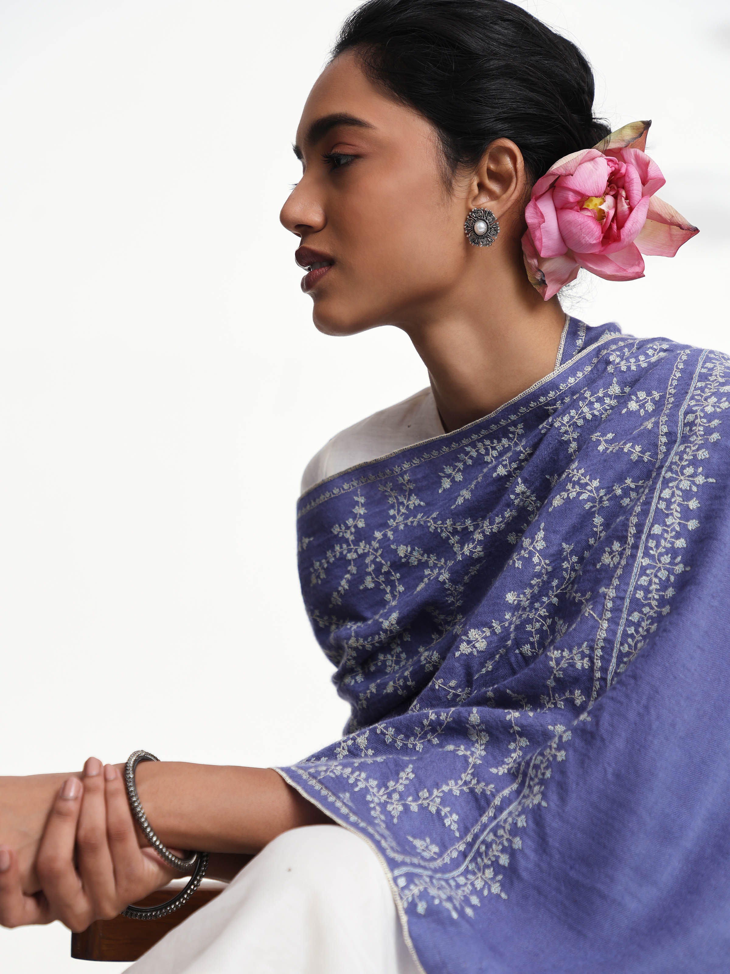 Detail view of black jalidar sozni embroidered stole showing embroidery craftsmanship