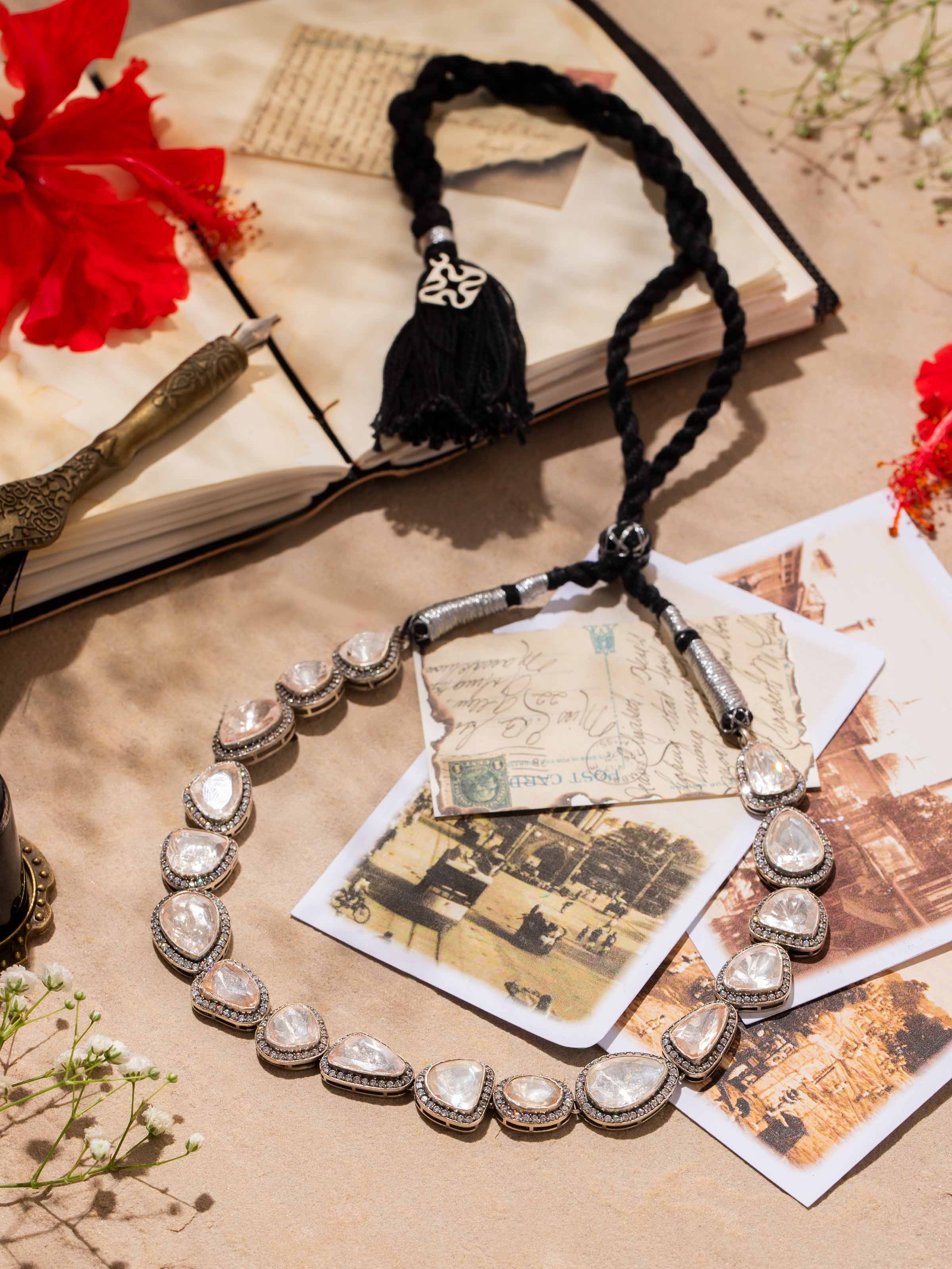 Close-up of Silver Smithing Collar Necklace by Swadesh focusing on the detailed silver work and collar design