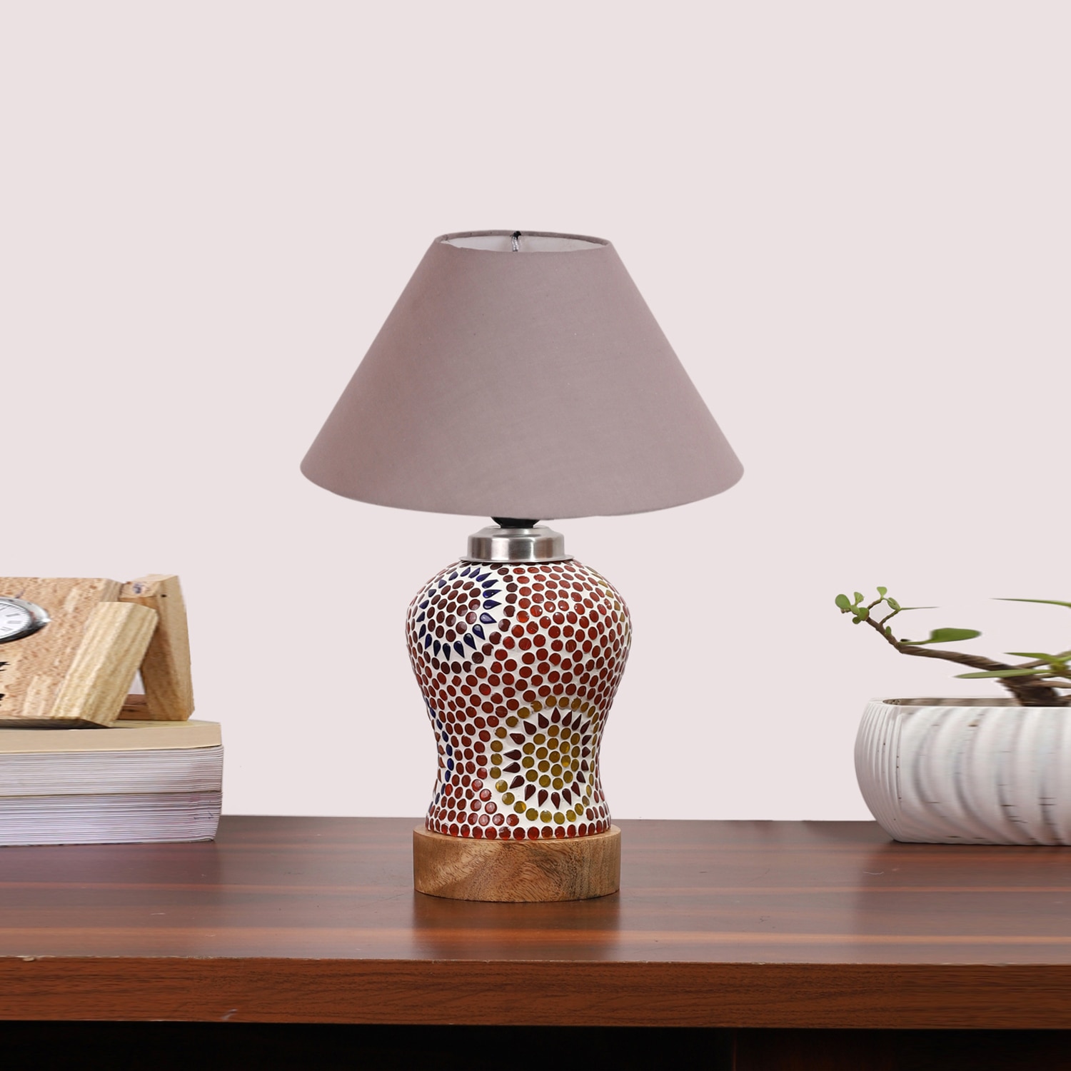 Devansh Conical Grey Cotton Shade Lamp With Wood & Mosaic Glass Base For Decoration/Office/Home/Gifting/Study For Decoration/Office/Home/Gifting/Study -(10X10X14.5) Inches -A - Devansh