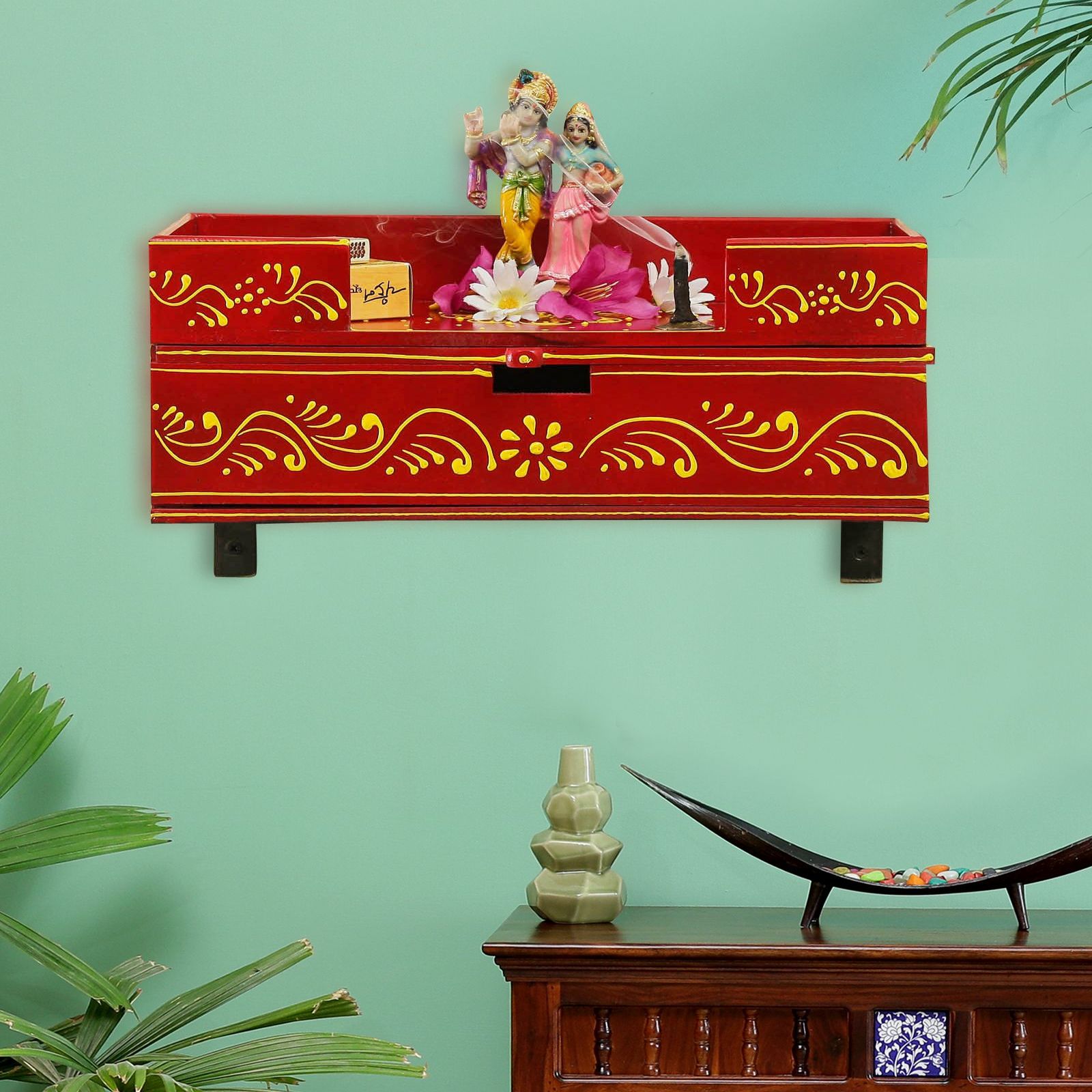 D'Dass Red Wooden Shelf Style Temple For Pooja In Home and Office