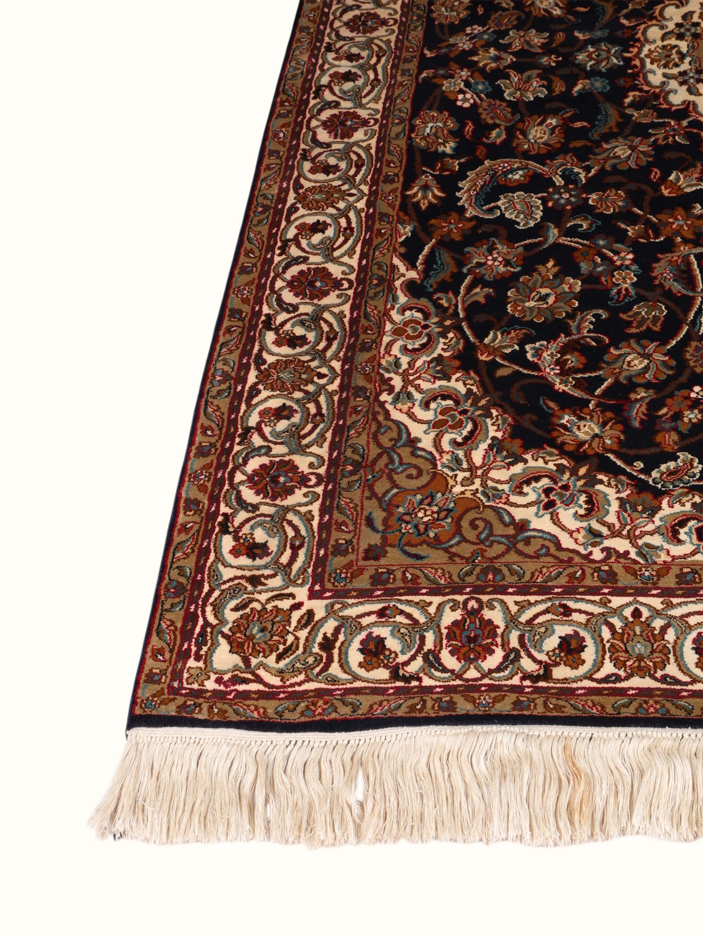 Traditional Persian Navy Kashan Kashmir Silk Hand-Knotted Carpet