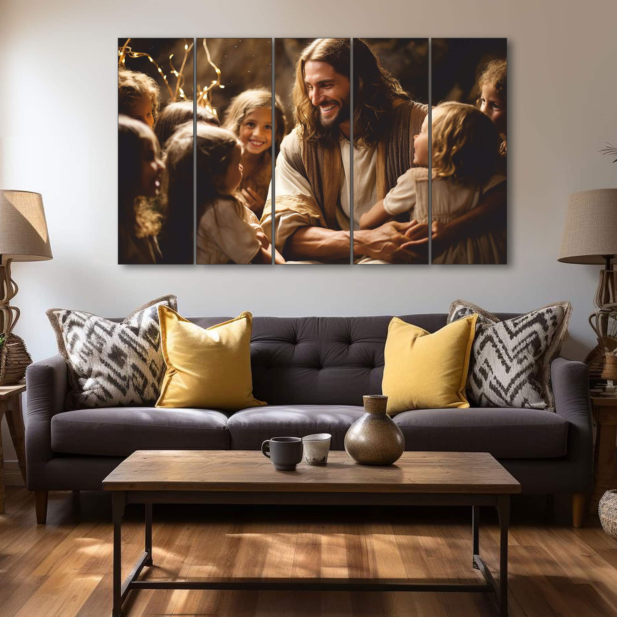 The Castle Decor Jesus Christ Wall Art Set of 5 Wooden Framed Digital Painting 27x48 Inch