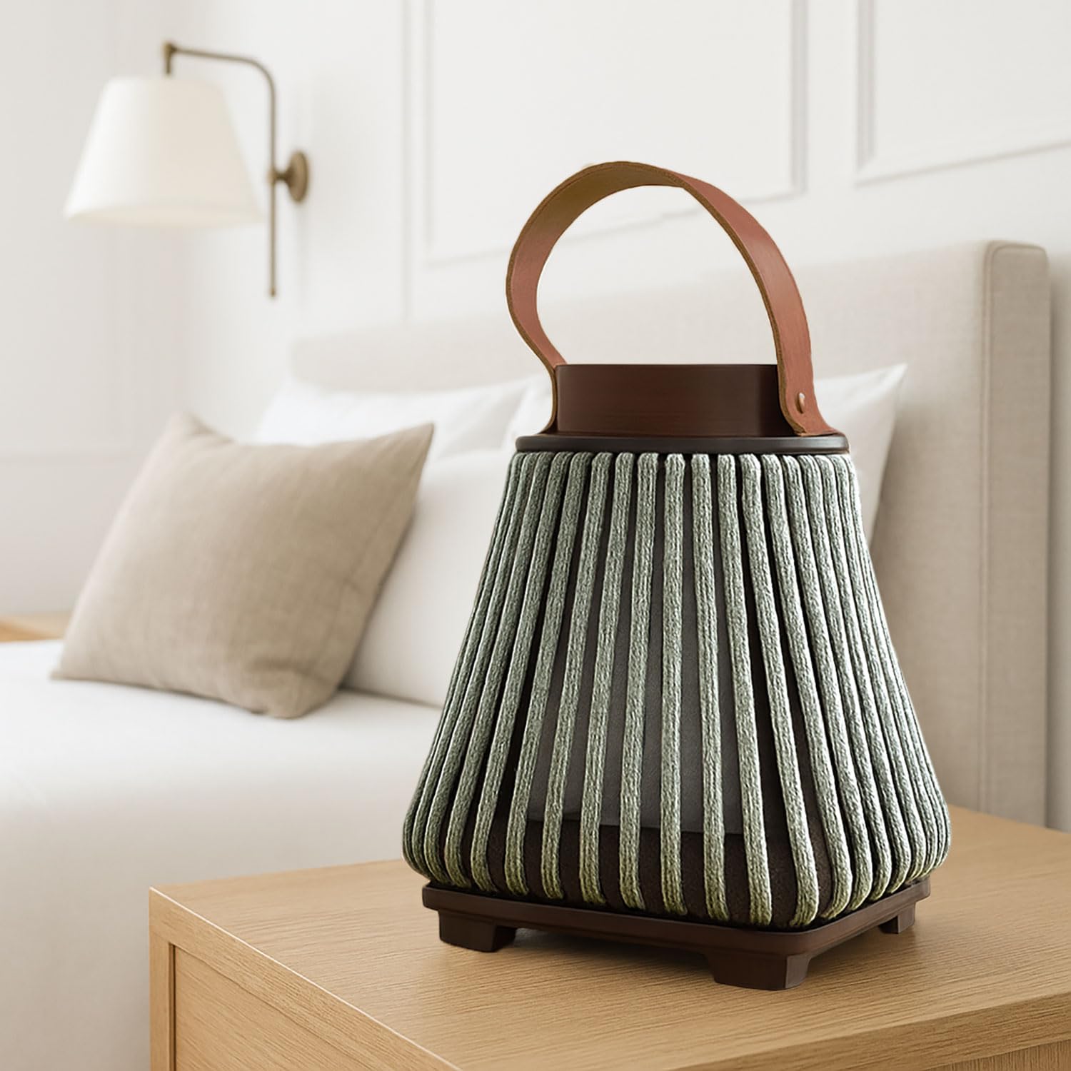 Luxe Home Hanging Bamboo Lantern with Handle or Glass Jar - 2025-336- Seige ( 22x18x18 cm )