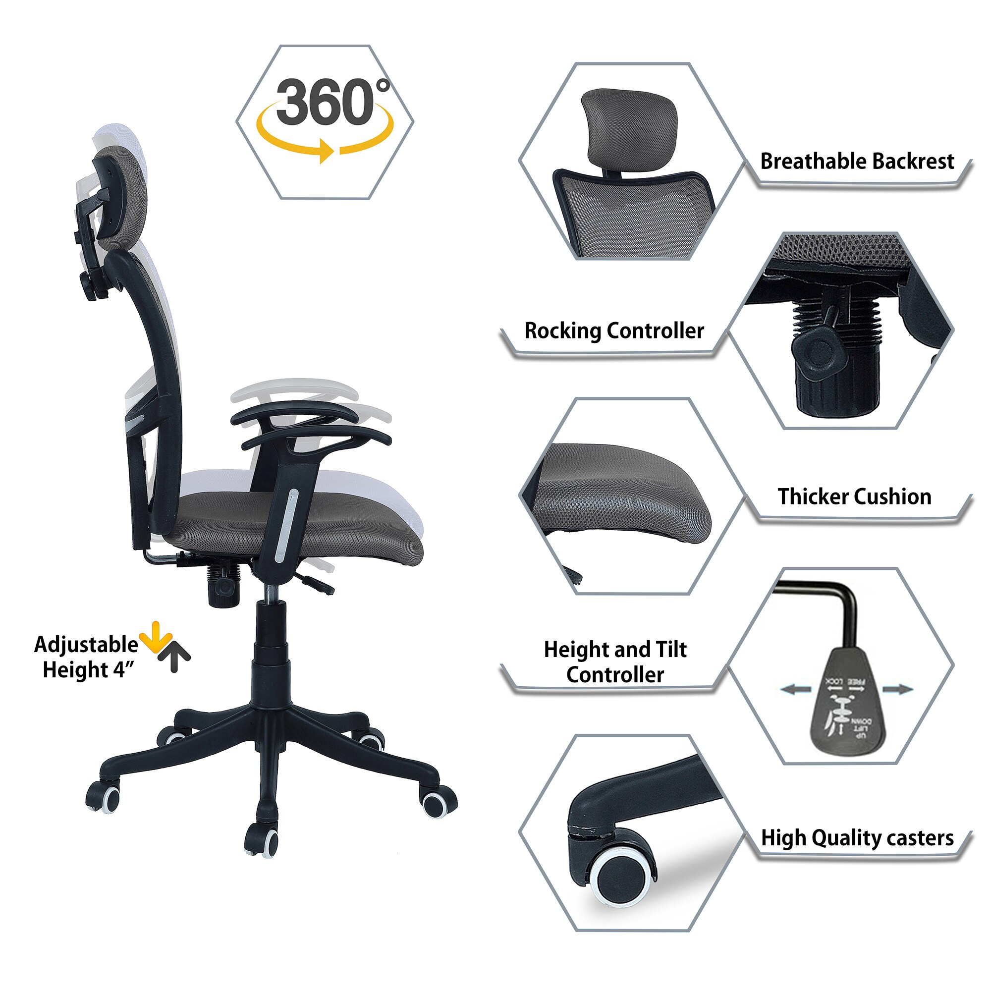 Jeaorda High Back Ergonomic Chair in Grey Colour