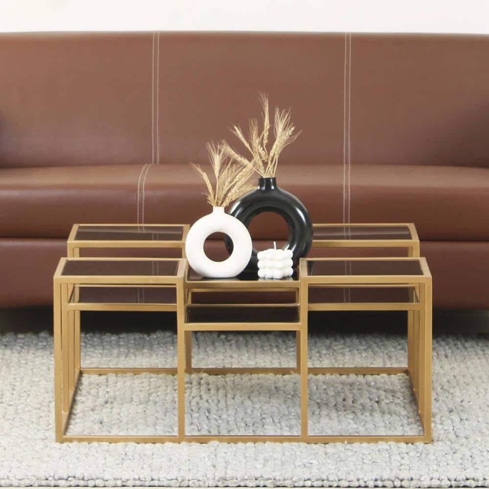 Valentino Black Glass Bunching Coffee Table In Dark Gold Finish