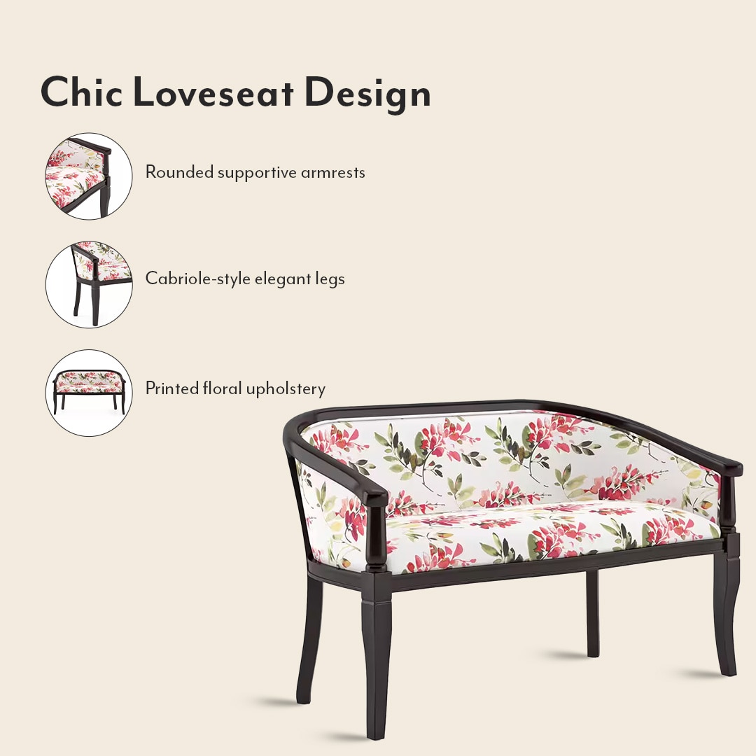 Florence Loveseat 2 Seater In Mahogany Finish With Caramine Cassia Red Floral Print Colour