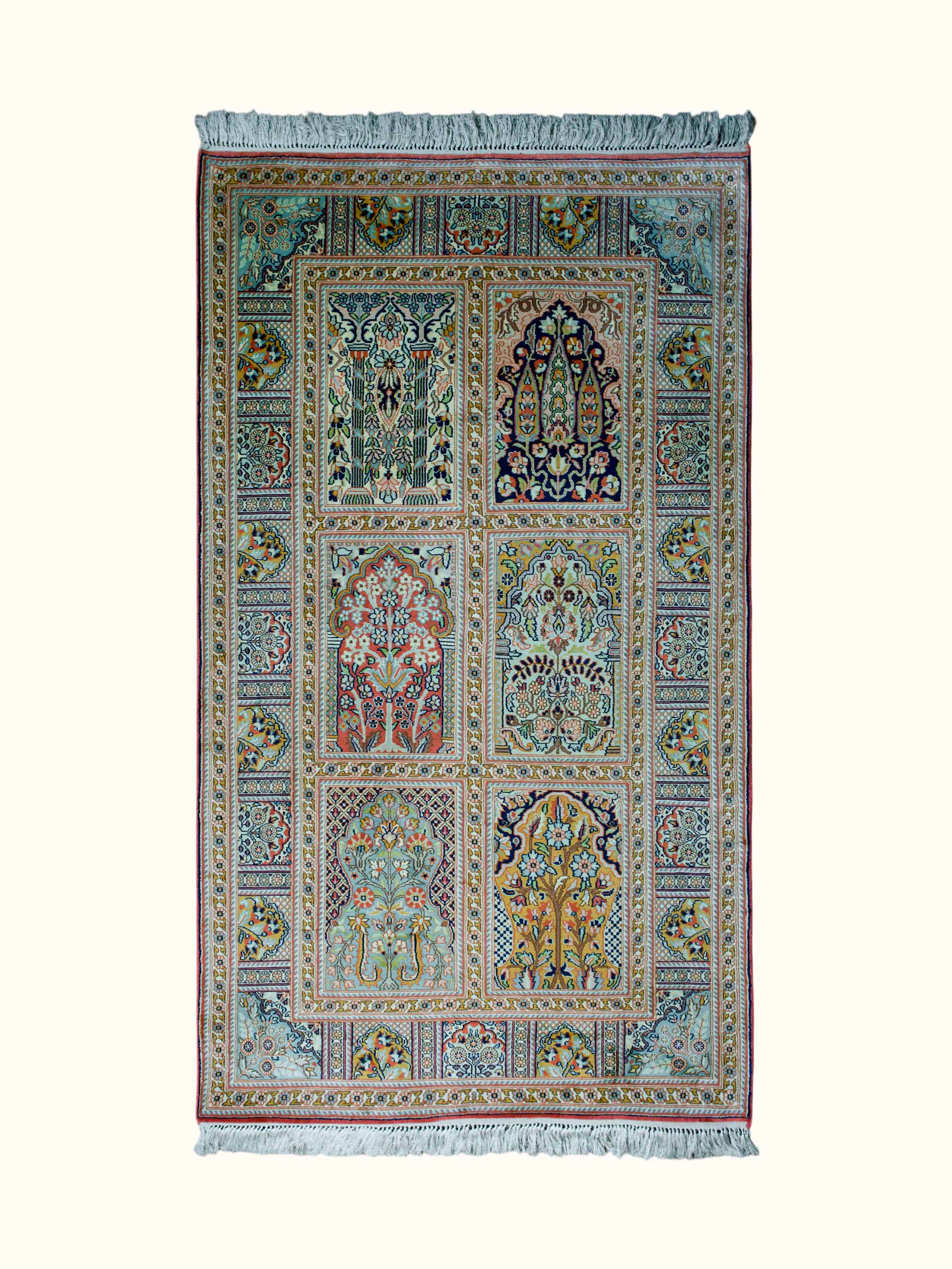 Traditional Persian Rust Ivory Hamadan Kashmir Silk Hand-Knotted Carpet