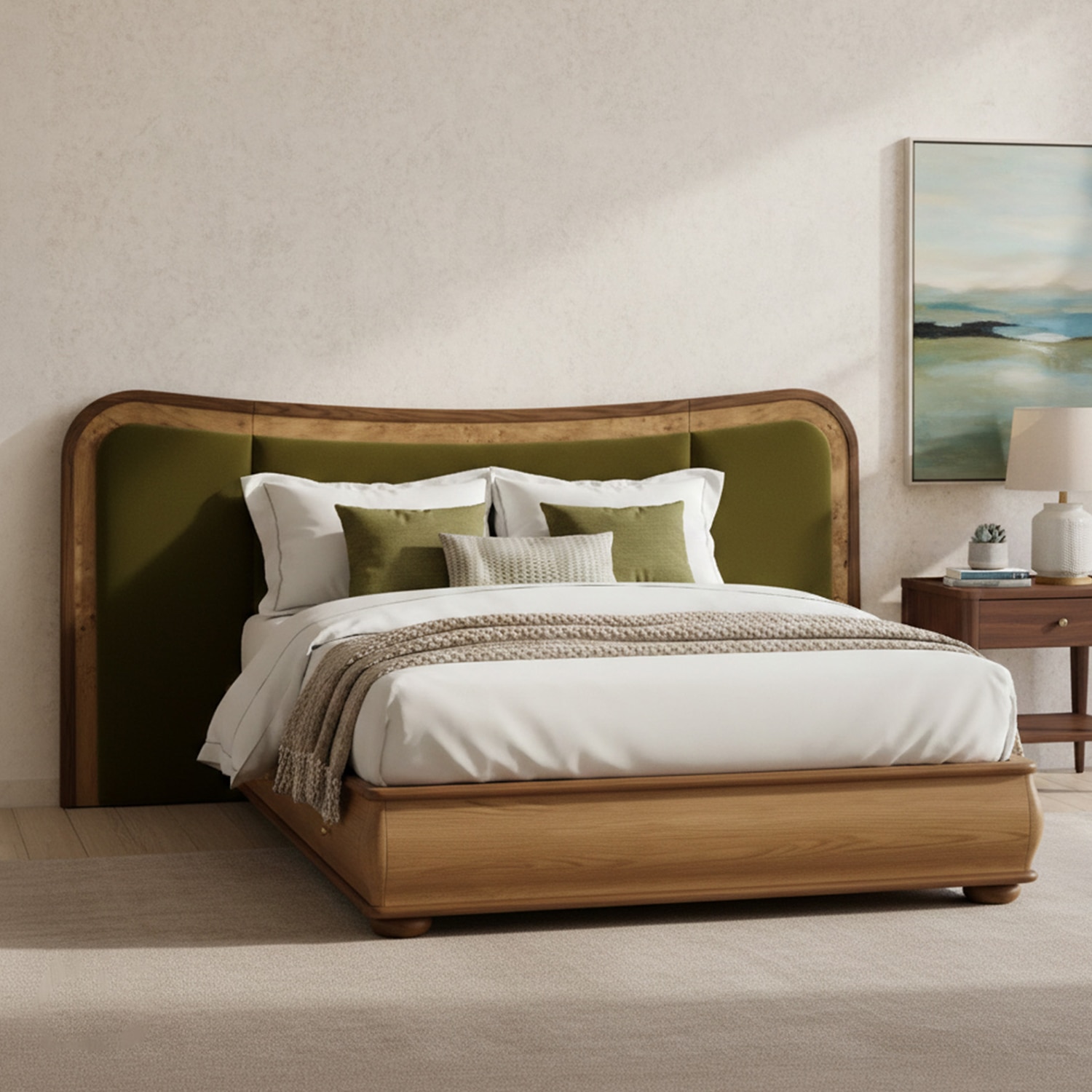Elowen Softline King Size Bed in velvet With Oak wood Frame & Hydraulic Storage - Nestroots