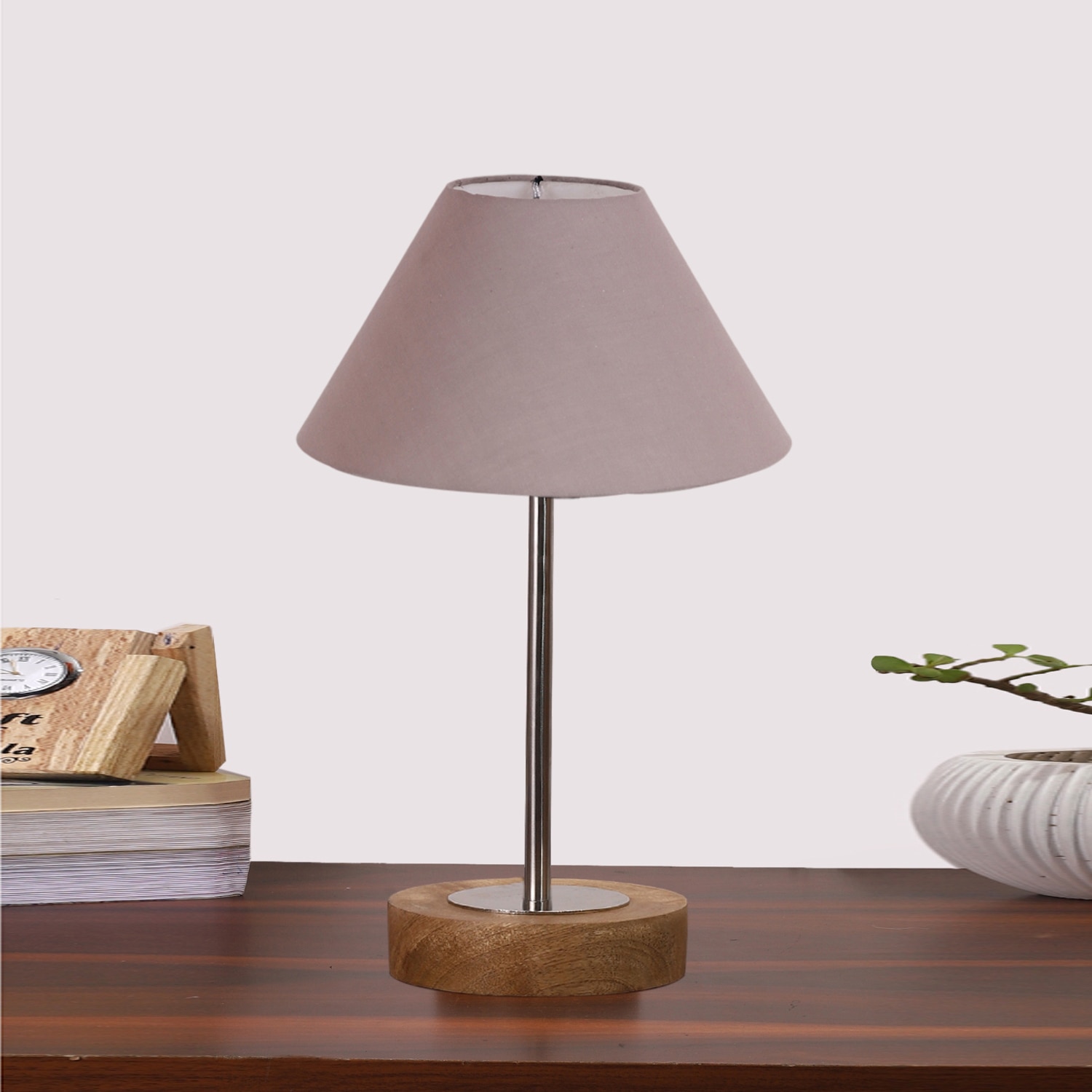 Devansh Grey Cotton Table Lamp With  Natural  Wood Base  & Steel Pipe (10X16.25 Inches)-32 - Devansh