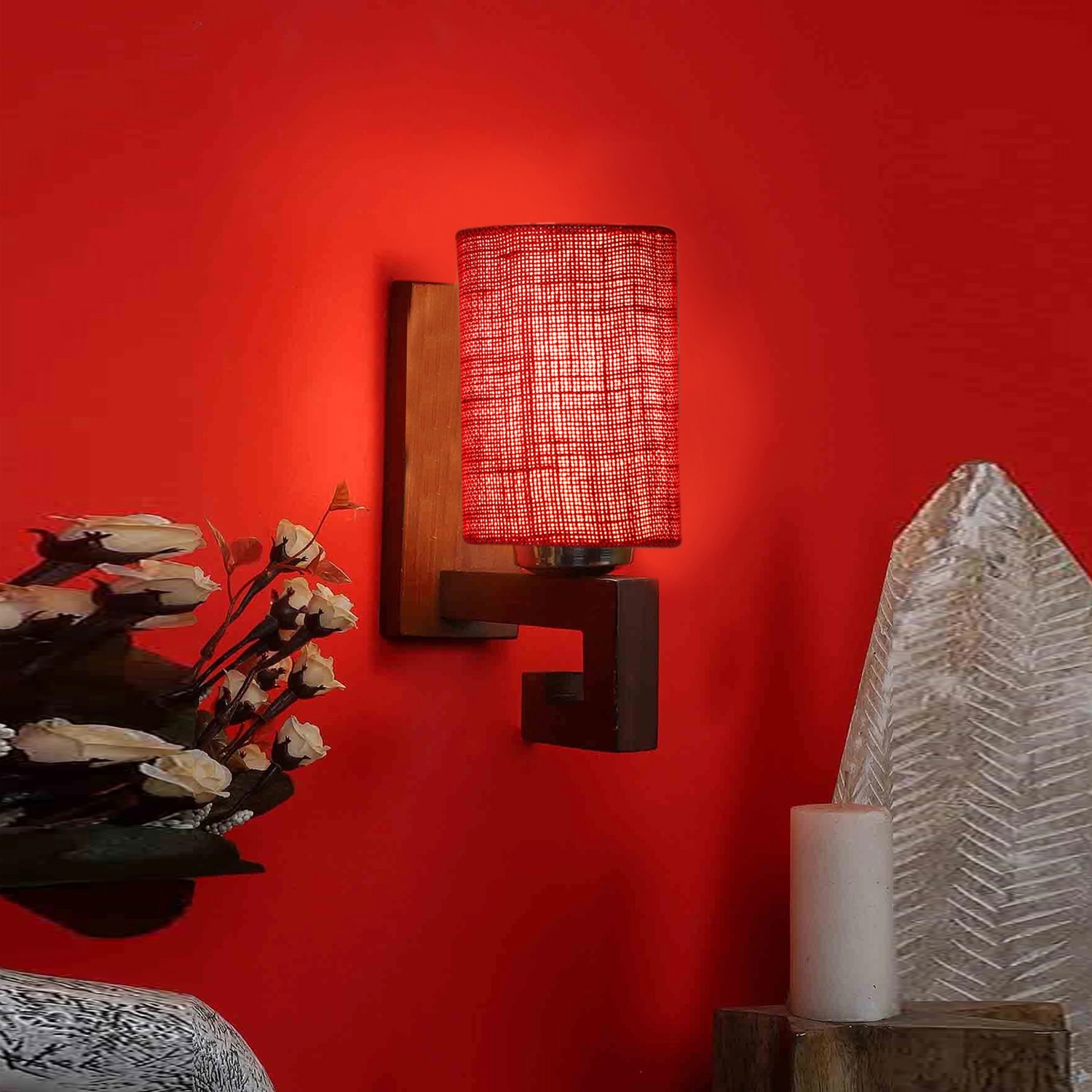 Devansh Solid Wood Electric Wall Light in Maroon Colour with Maroon Shade Count of 1 Light - Devansh