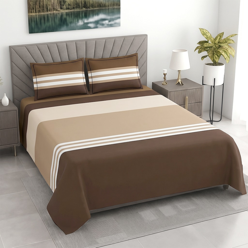 Multicolorstripes400 Tc  Cotton Flat  Super King Size Bedsheet With 2 Pillow Cover - Threads