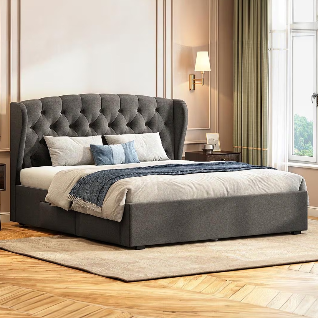 Holmebrook Engineered Wood King Size Drawer Storage Upholstered Bed In Urban Grey Colour
