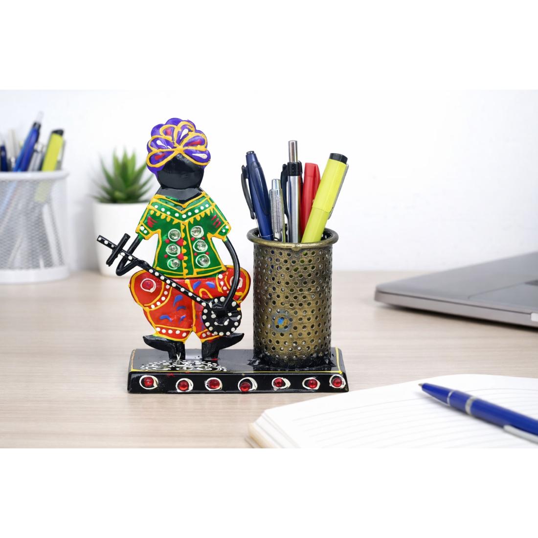 Desert Art Metal Handpainted Musician Pen Stand in Multicolour-image-3