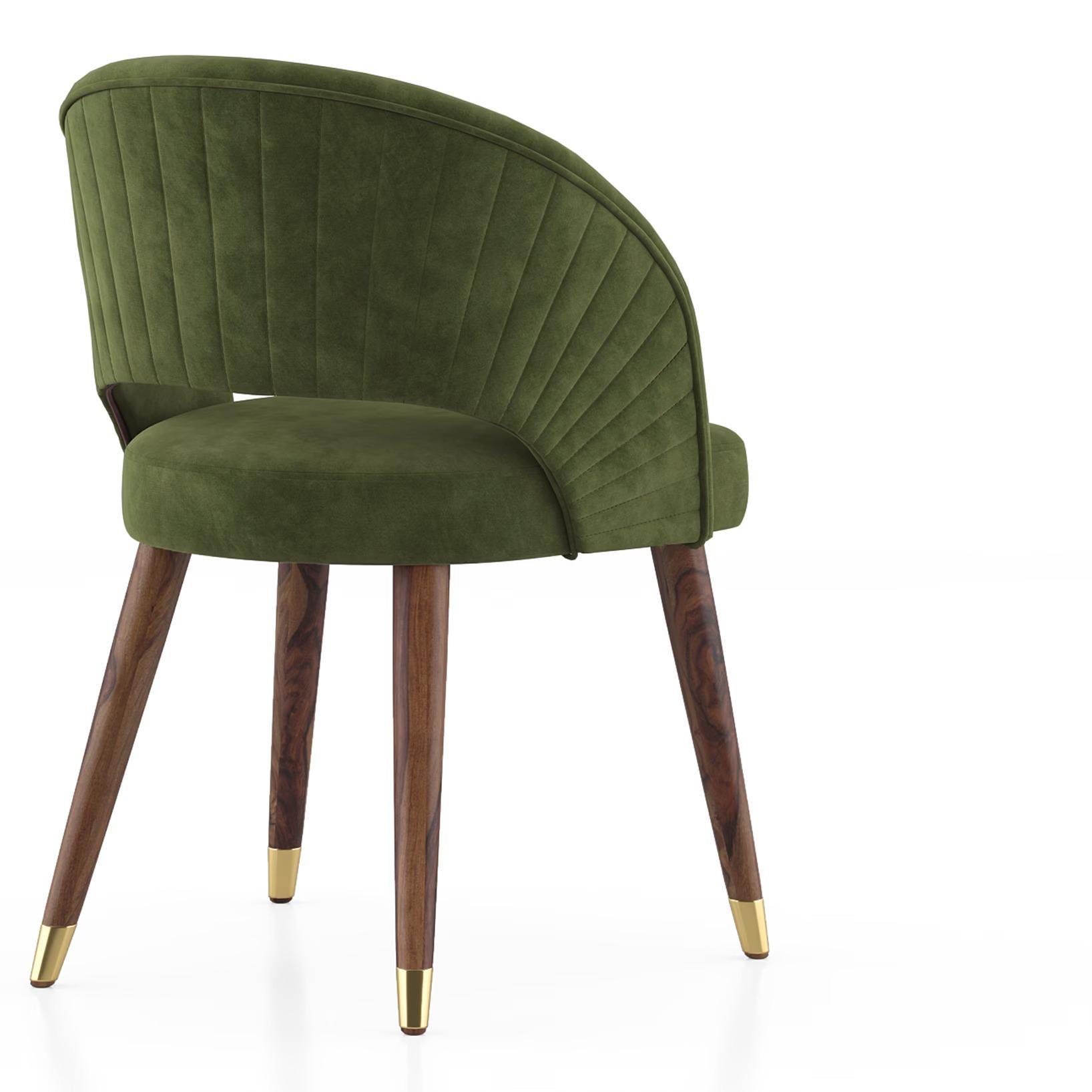 Atlas Solid Wood 6 Seater Compact Dining Table In Danish Walnut Finish with 6 Celia Dining Chair in Deep Olive Velvet Fabric