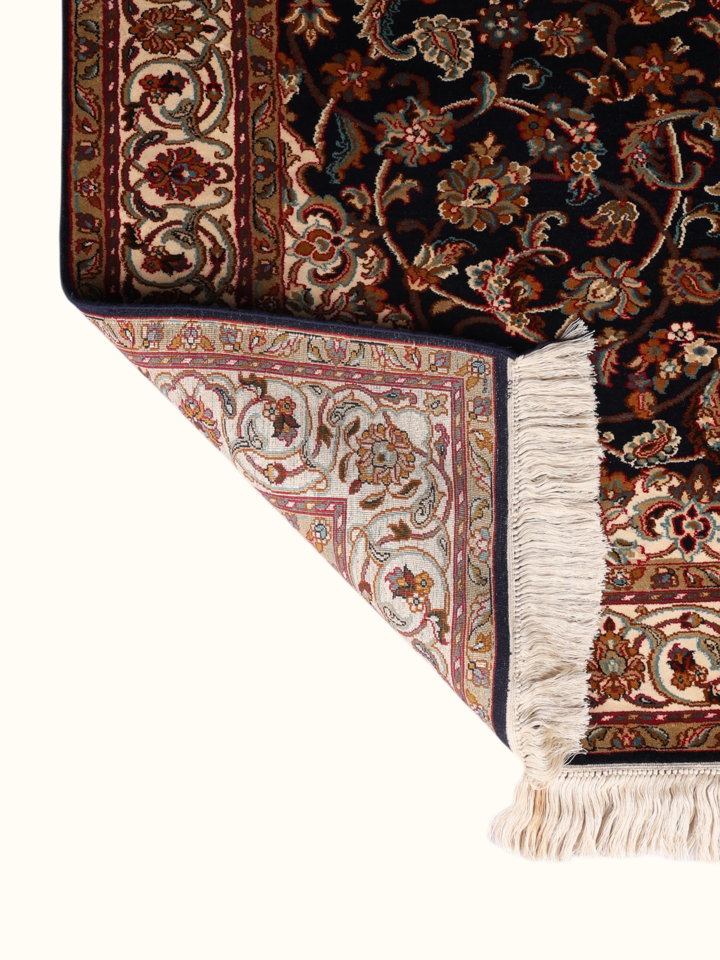 Traditional Persian Navy Kashan Kashmir Silk Hand-Knotted Carpet