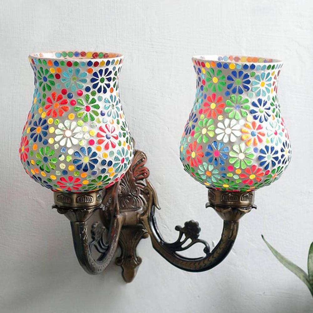 Troy Antique Metal Double Wall Mounted Lamp with Multicolor Mosaic Glass - Devansh