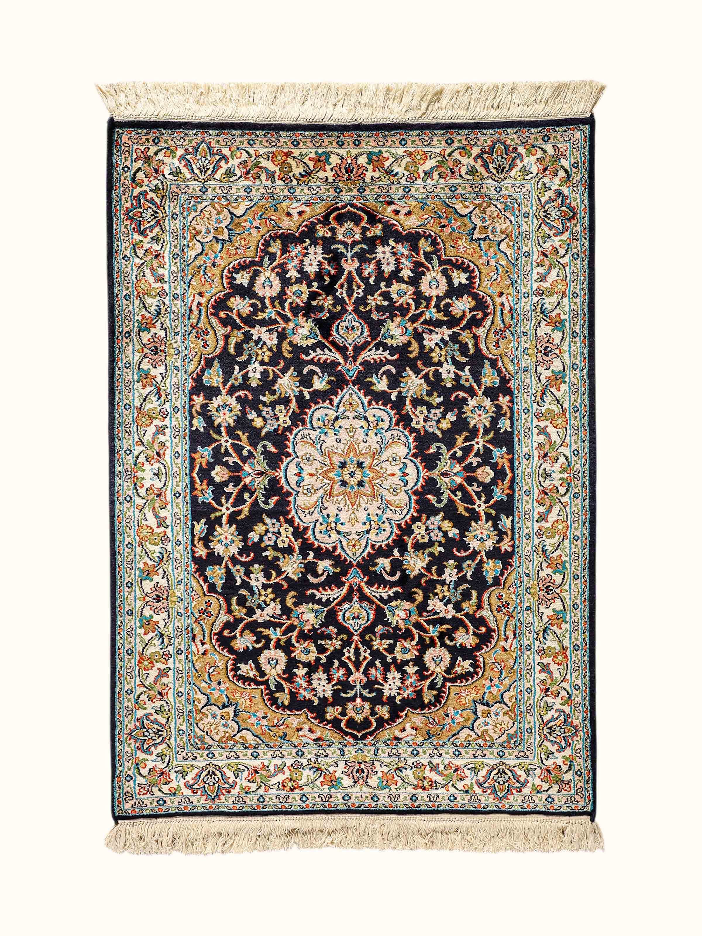 Traditional Persian Navy Rust Kashan Kashmir Silk Hand-Knotted Carpet