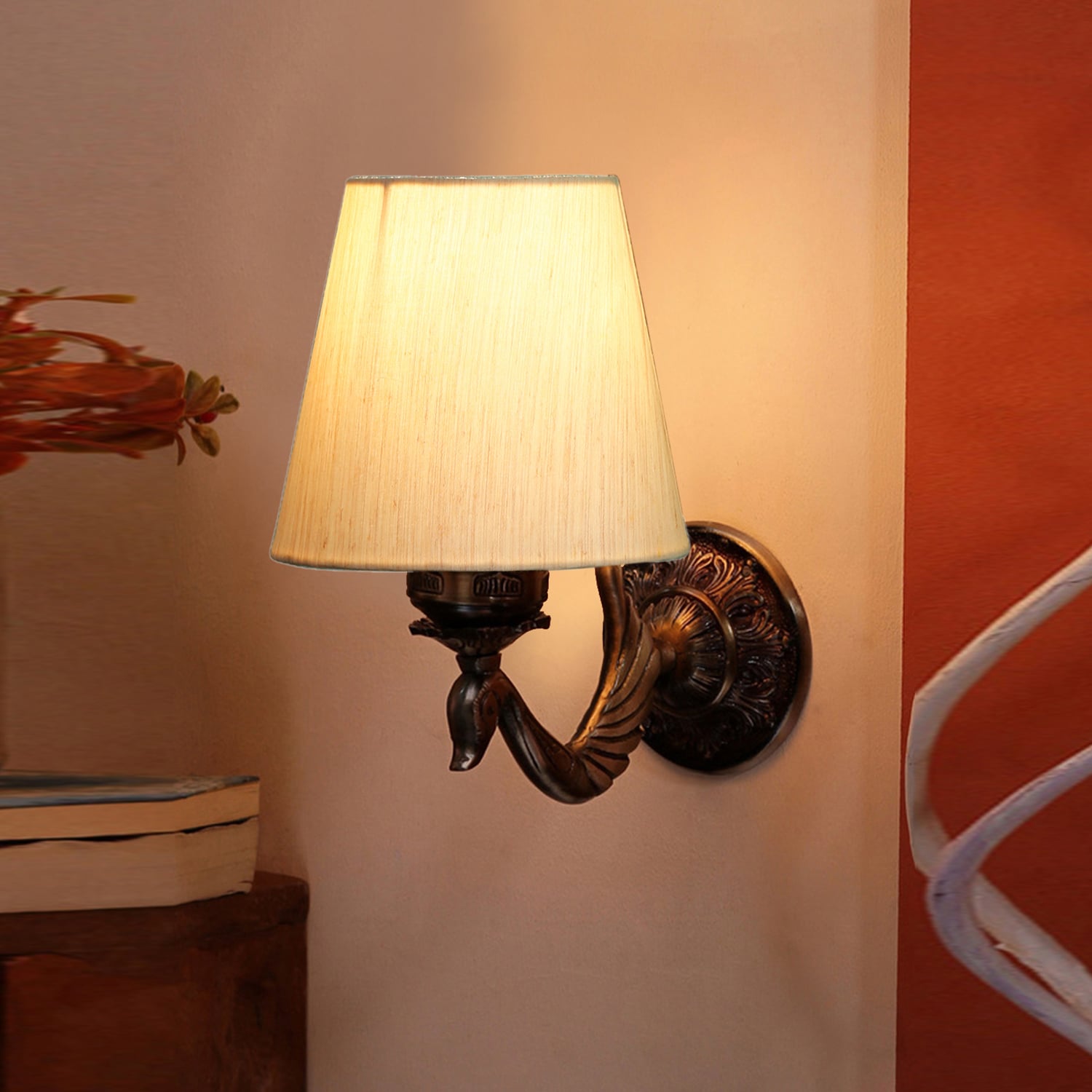 Devansh Metal Electric Wall Light in Antique Gold Colour with off-white Shade Count of 1 Light - Devansh