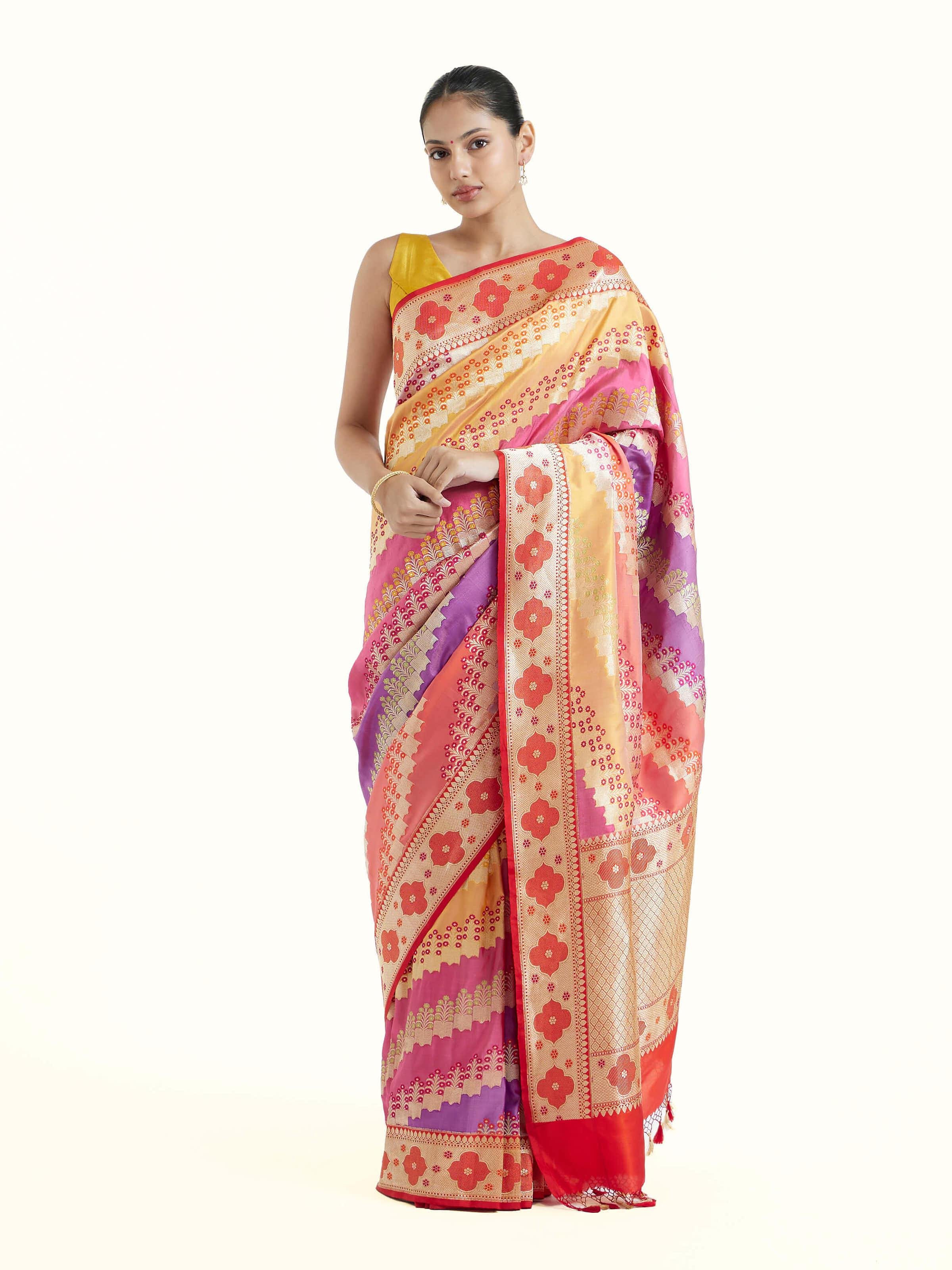 Front view of silk rangkat Banarasi saree showcasing rich colour transitions and intricate woven motifs
