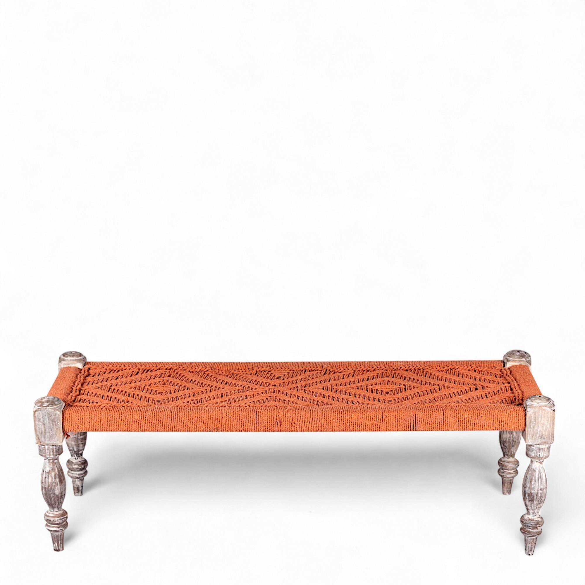 Hamilton Sheesham Wood Vintage 3+1+1 Seater Maachi Bench Set With 2 Stools In Orange Rope Canning