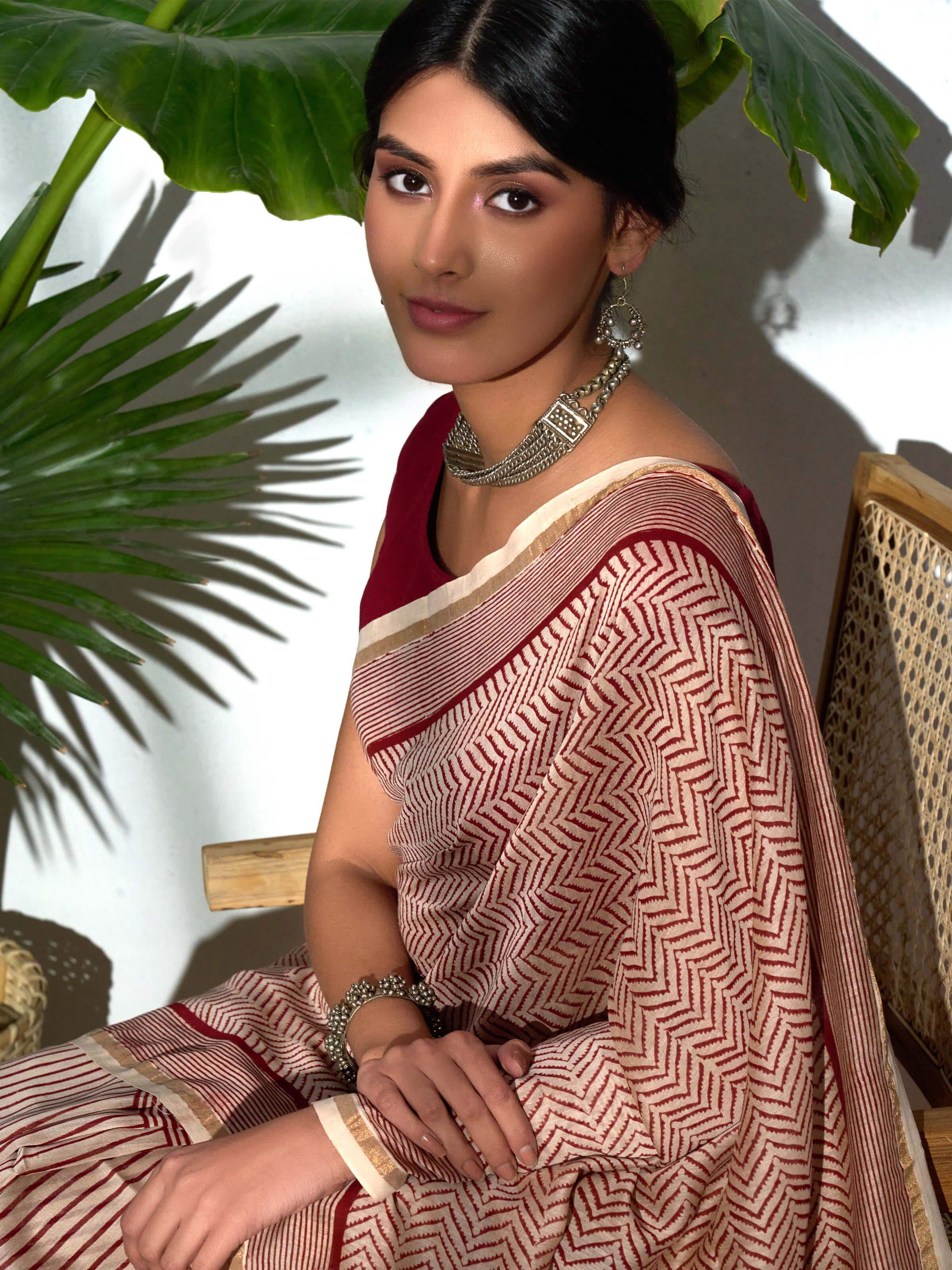 Red Chanderi Cotton Silk Bagh Block Printed Saree