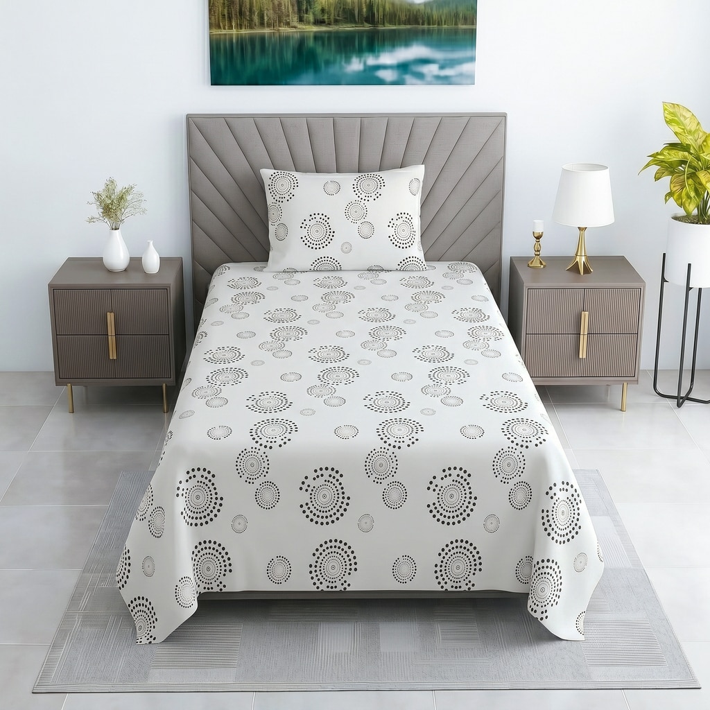Black And White Geometric 330 Tc  Cotton Flat  Single Bed Size Bedsheet With 1 Pillow Cover - Threads
