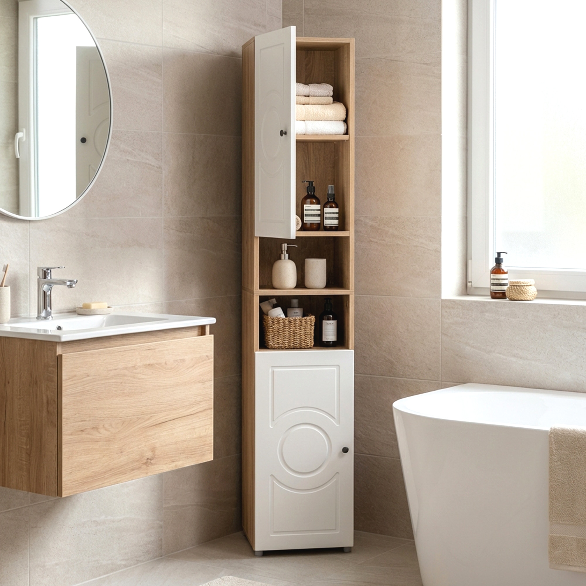 Lofty Tall Wardrobe with Circular Pattern Design for Modern Bedroom Interiors - Alex Daisy