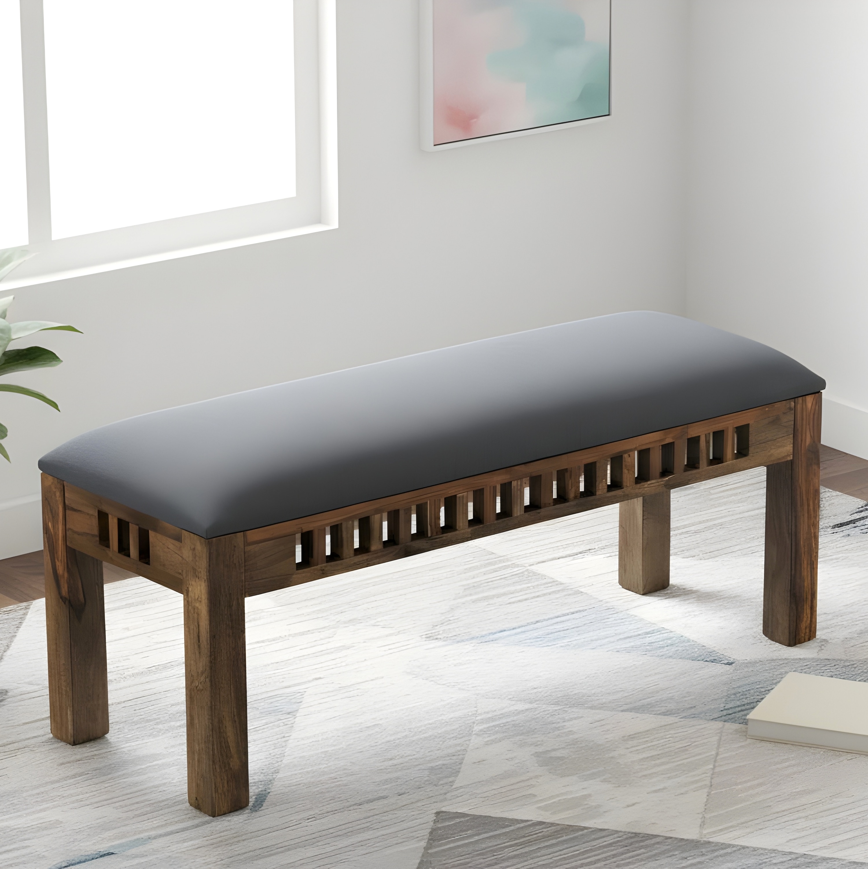 Milford Sheesham Wood Accent Dining Bench (Anchor Grey Fabric Teak Finish)