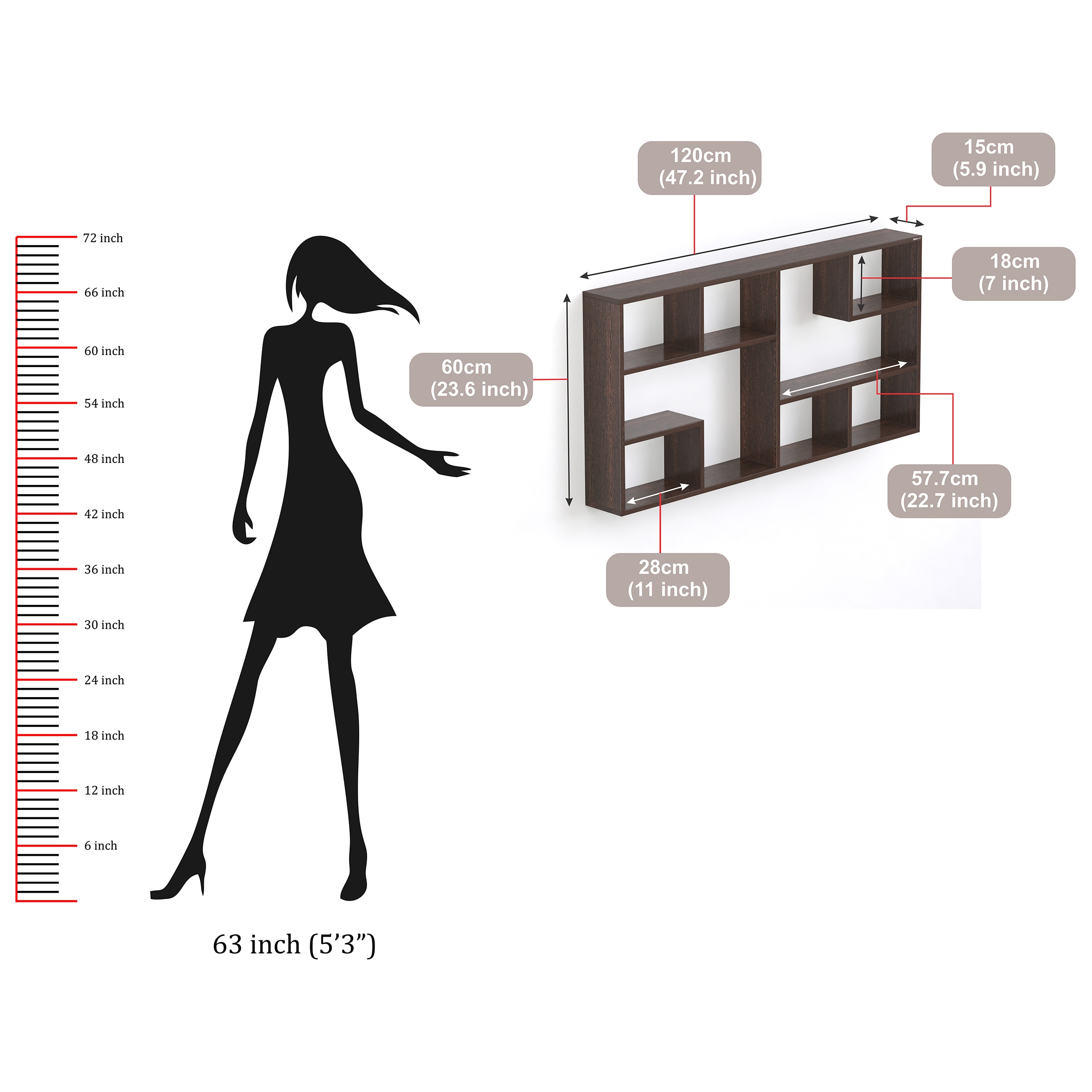 BLUEWUD Petree Engineered Wood Wall Mount Wall Shelf, Display Rack (Wenge)