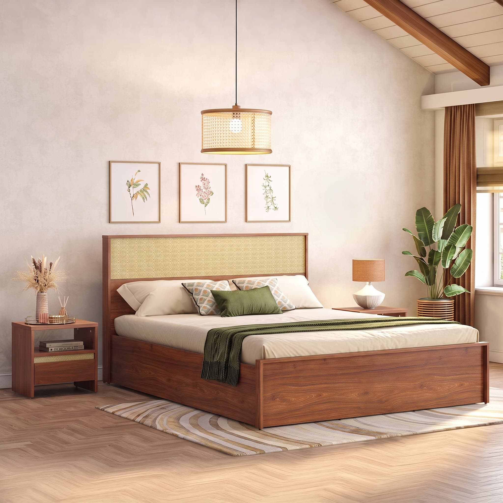 Kaarya Engineered Wood King Size Bed With Box Storage in Wheat Brown Walnut Finish