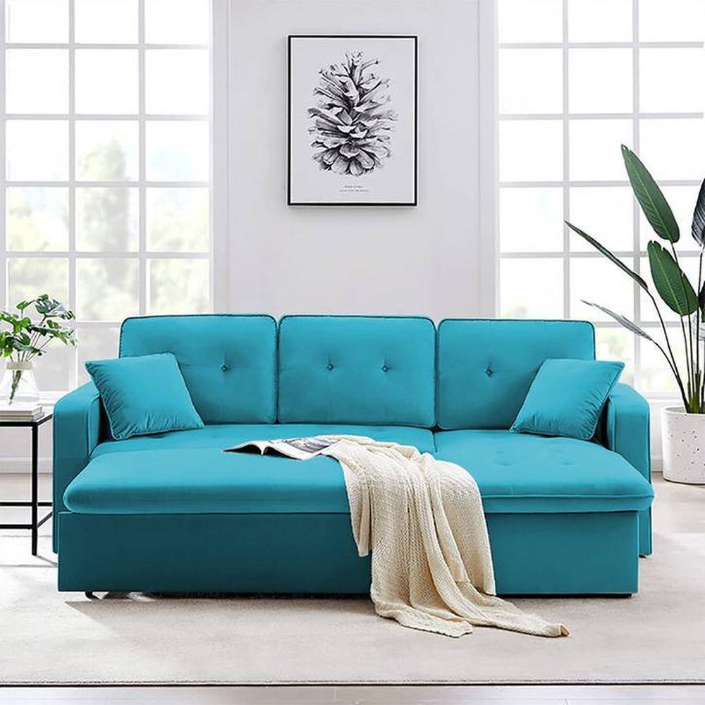 Jacob Solid Wood Sofa cum Bed in Turquoise