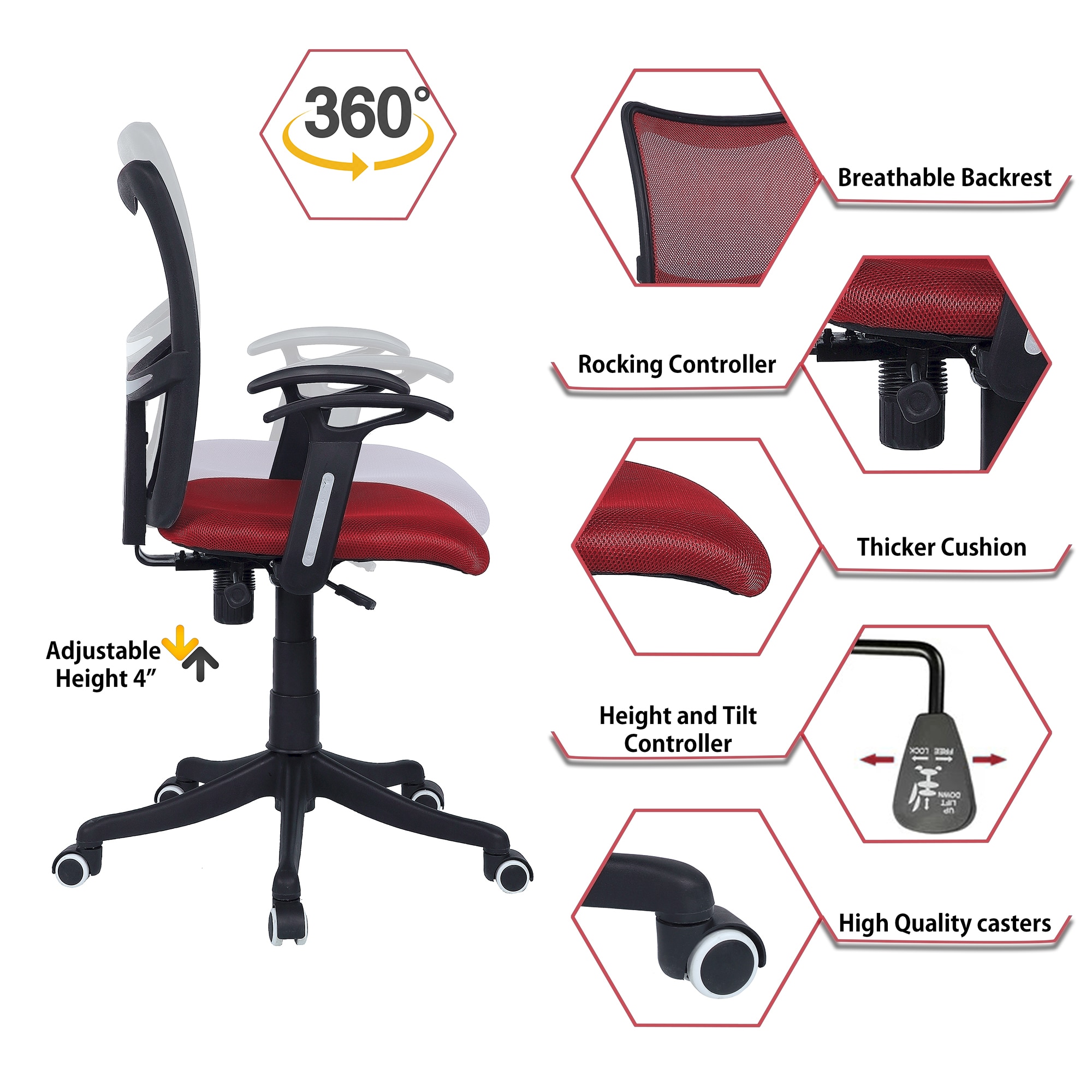 Eexcaeal Mid Back Ergonomic Chair in Red Colour