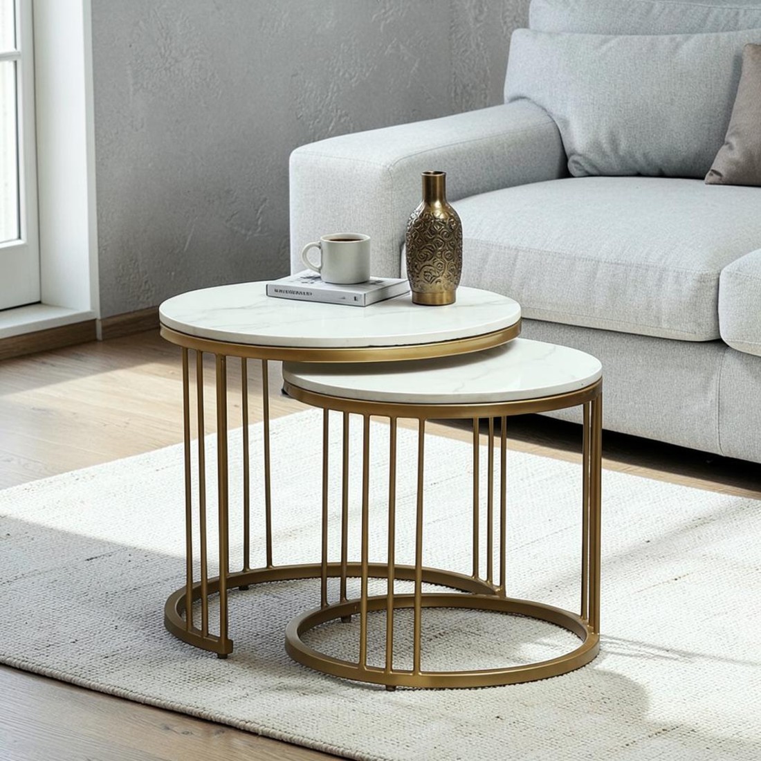Metaline Round Metal Nesting Coffee Table Set Gold Finish White Porcelain Top Set Of 2 - Bhavya Exports